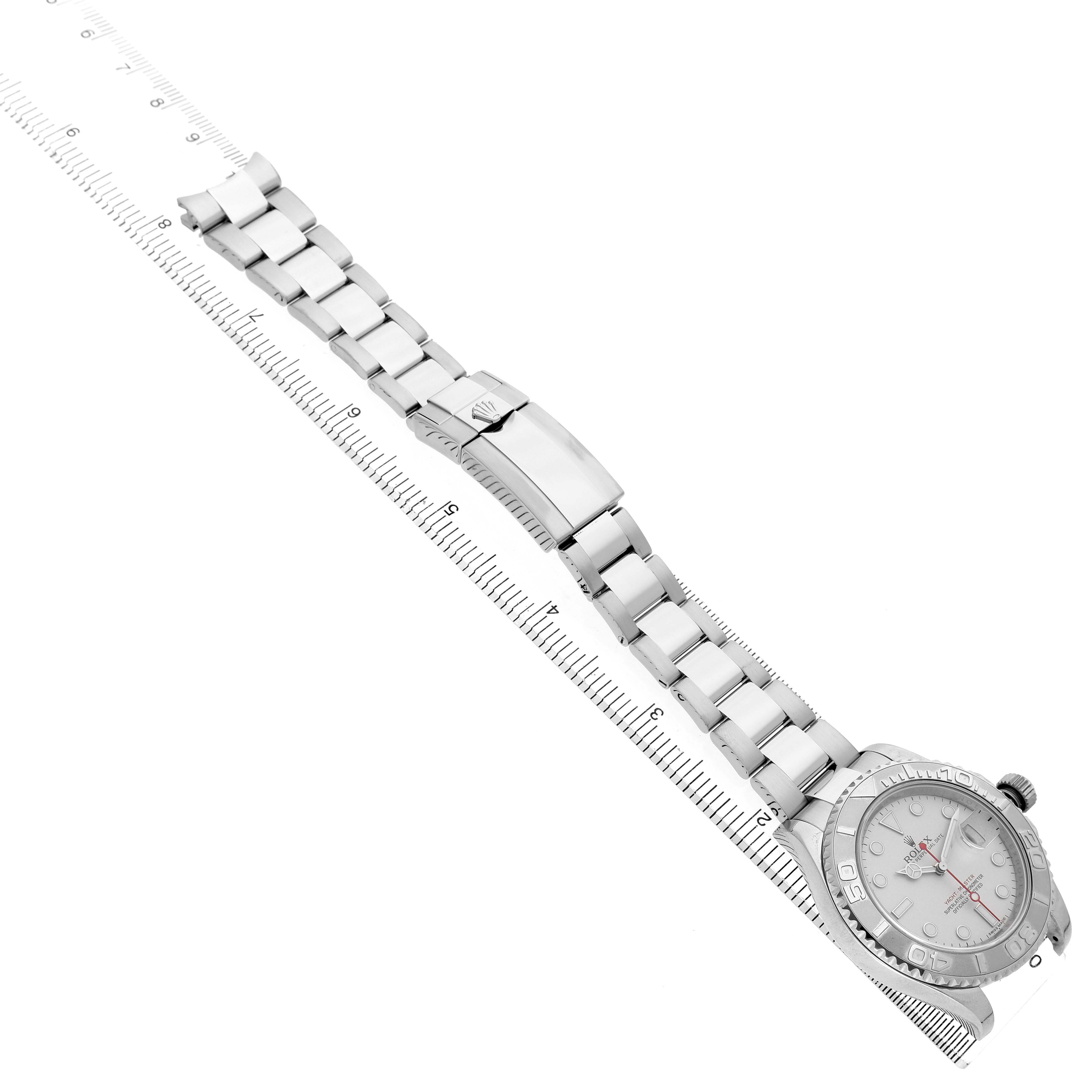 The Rolex Yacht-Master 116622 Men's Stainless Steel Silver Dial watch is shown from the front, highlighting the bracelet, clasp, and face.