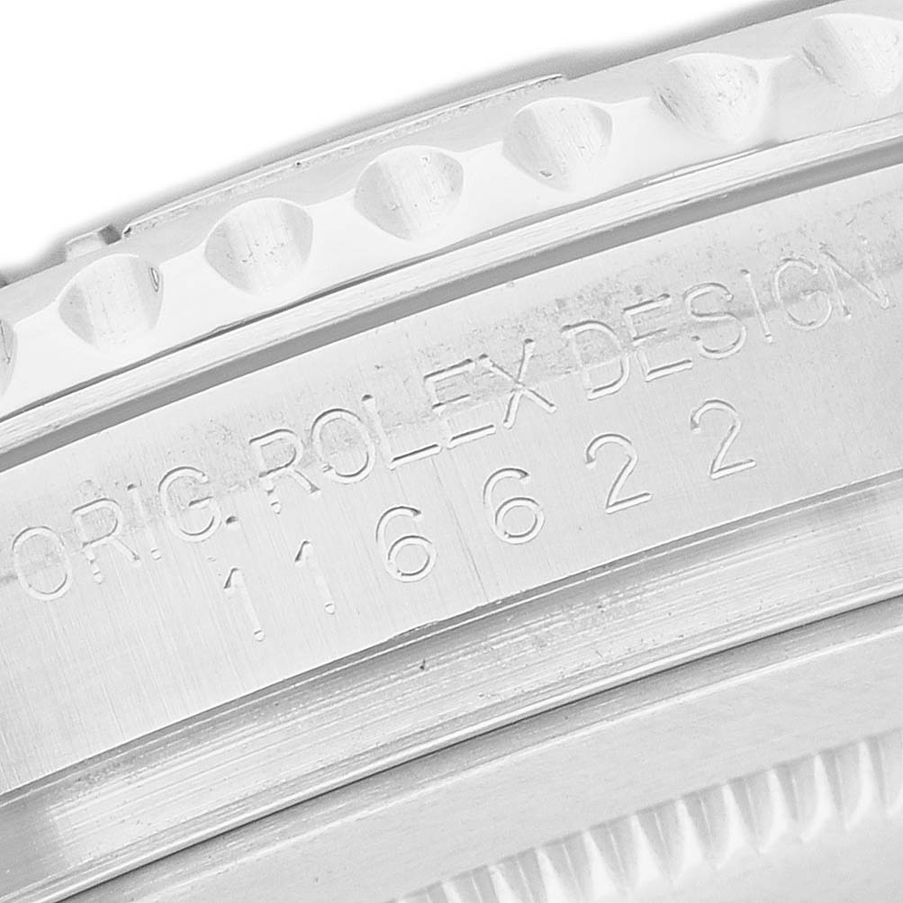 The image shows a close-up of the side of a Rolex Yacht-Master 116622 Men's Stainless Steel Silver Dial watch, highlighting the model number engraving.