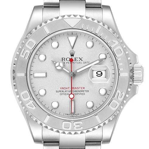 The Rolex Yacht-Master 116622 Men's Stainless Steel Silver Dial is shown from a top view, displaying its face, bezel, crown, and part of the metal bracelet.