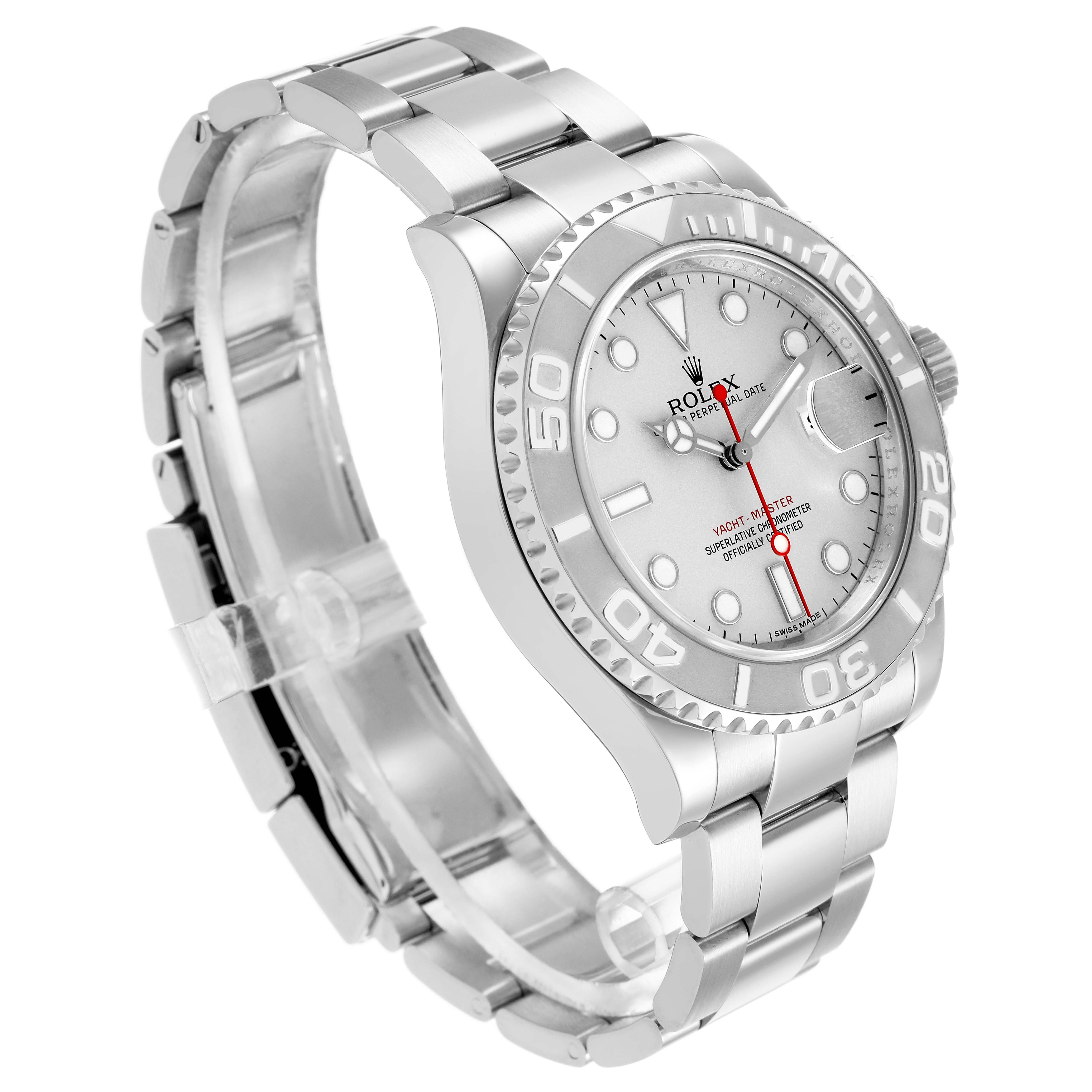 The Rolex Yacht-Master 116622 Men's Stainless Steel Silver Dial watch is shown at a three-quarter angle, displaying the face, bezel, and bracelet.