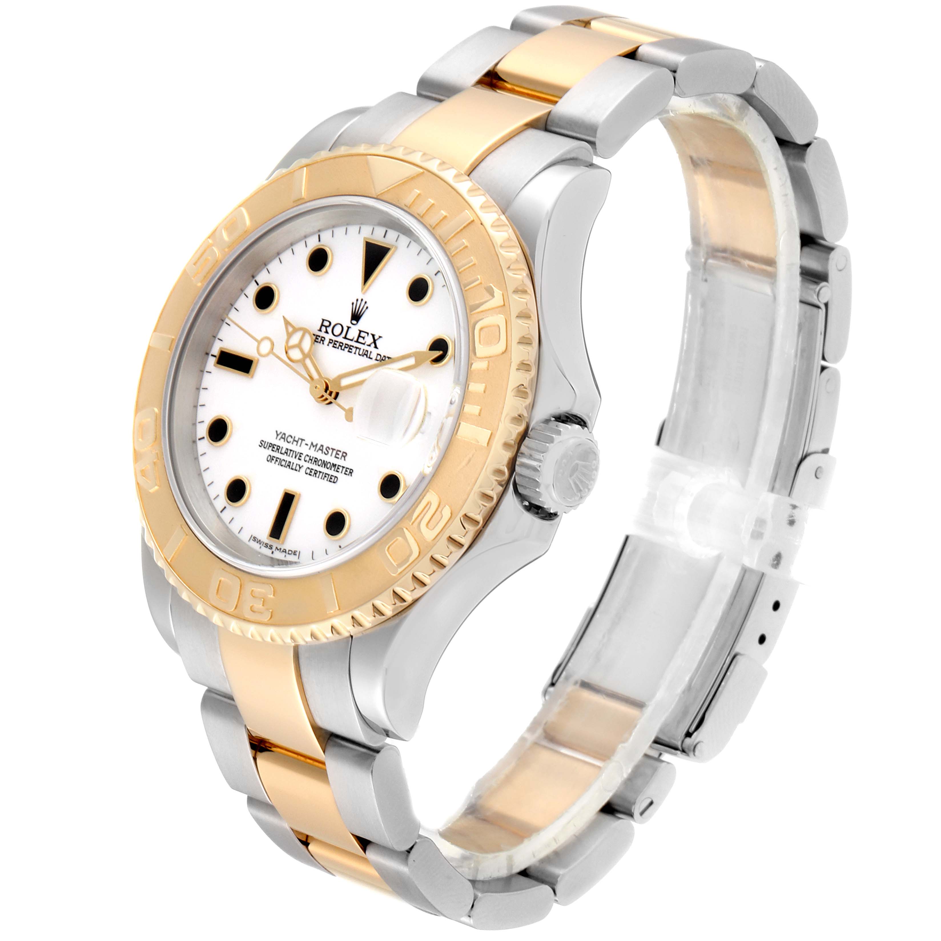 The Rolex Yacht-Master 16623 Men's Steel and Gold (two tone) White Dial 16623 Men's Steel and Gold (two tone) White Dial watch is shown from a three-quarter angle, highlighting the dial, bezel, crown, and bracelet.