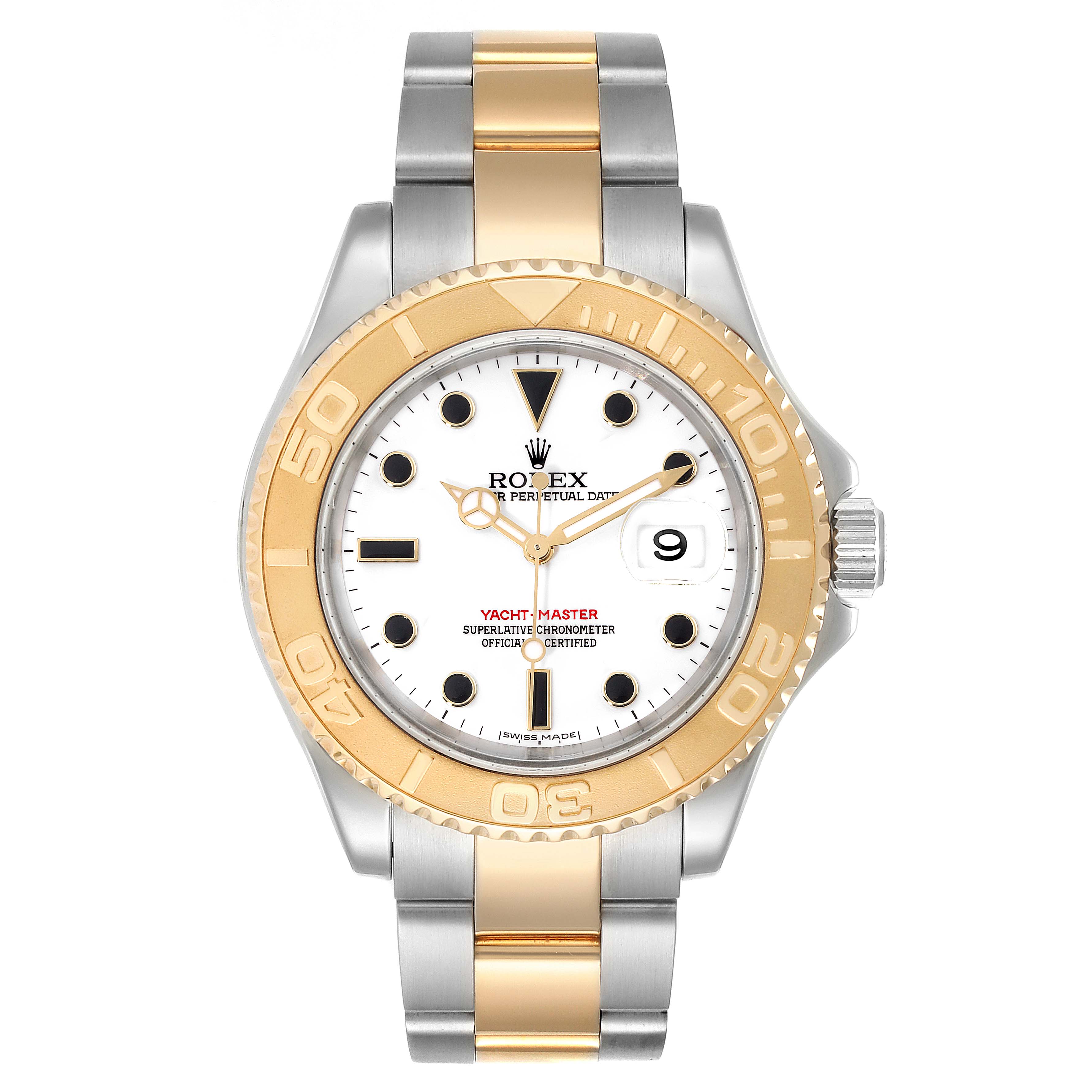 The image shows a frontal view of the Rolex Yacht-Master 16623 Men's Steel and Gold (two tone) White Dial 16623 Men's Steel and Gold (two tone) White Dial watch, displaying its dial, bezel, and part of the bracelet.