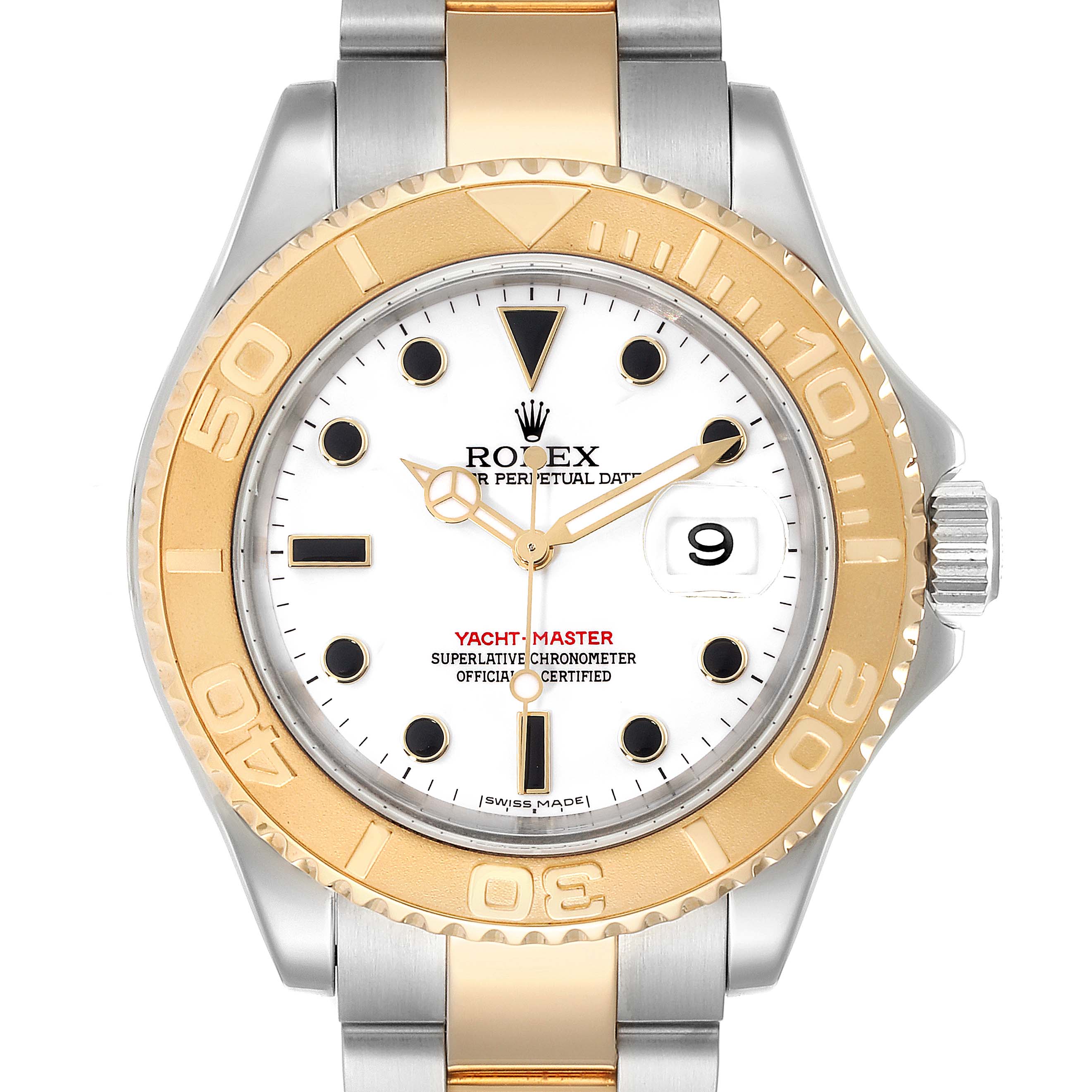 The image shows the front view of a Rolex Yacht-Master 16623 Men's Steel and Gold (two tone) White Dial 16623 Men's Steel and Gold (two tone) White Dial watch, highlighting the dial, bezel, and part of the bracelet.