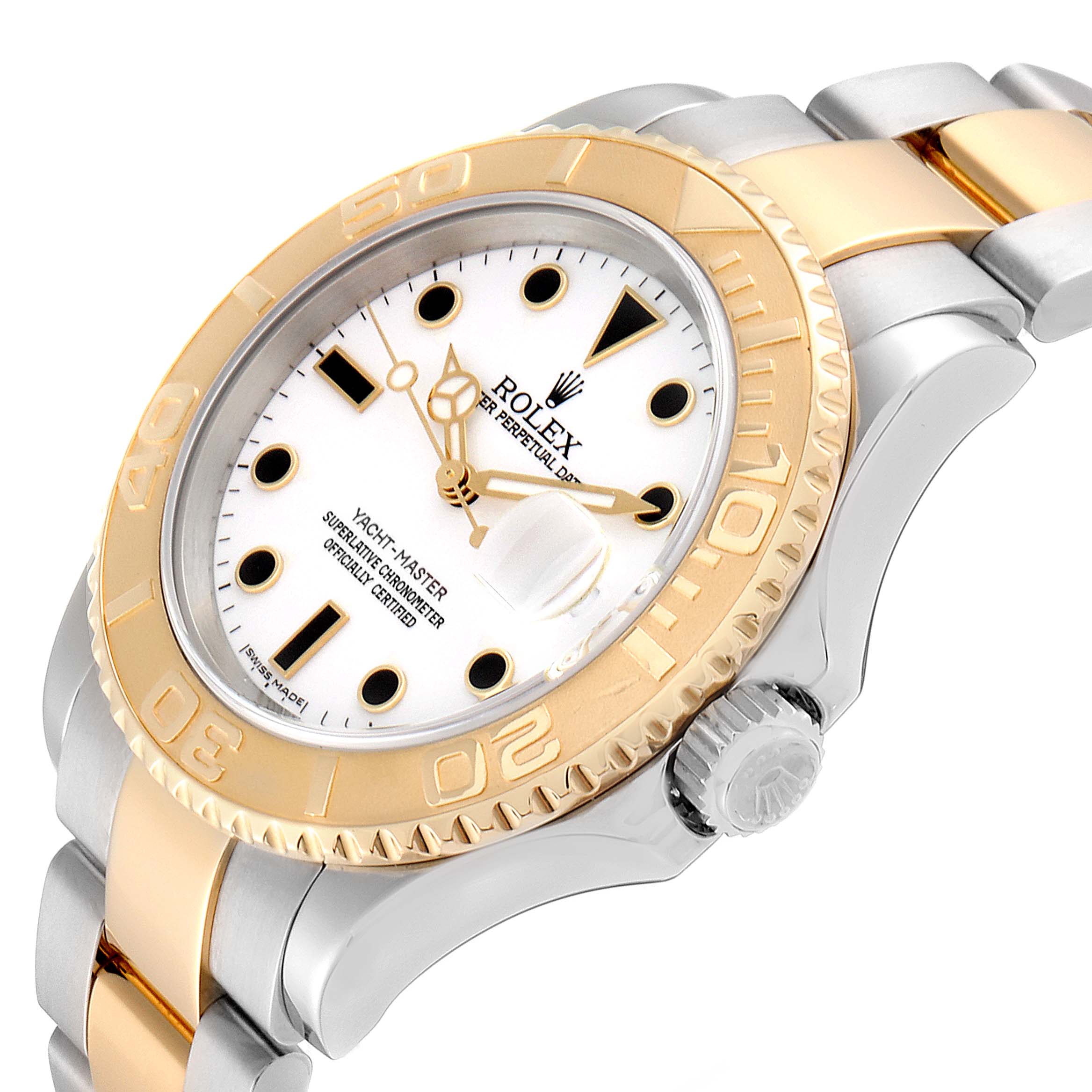 The Rolex Yacht-Master 16623 Men's Steel and Gold (two tone) White Dial 16623 Men's Steel and Gold (two tone) White Dial watch is shown at a slight angle highlighting its face, bezel, crown, and part of the bracelet.
