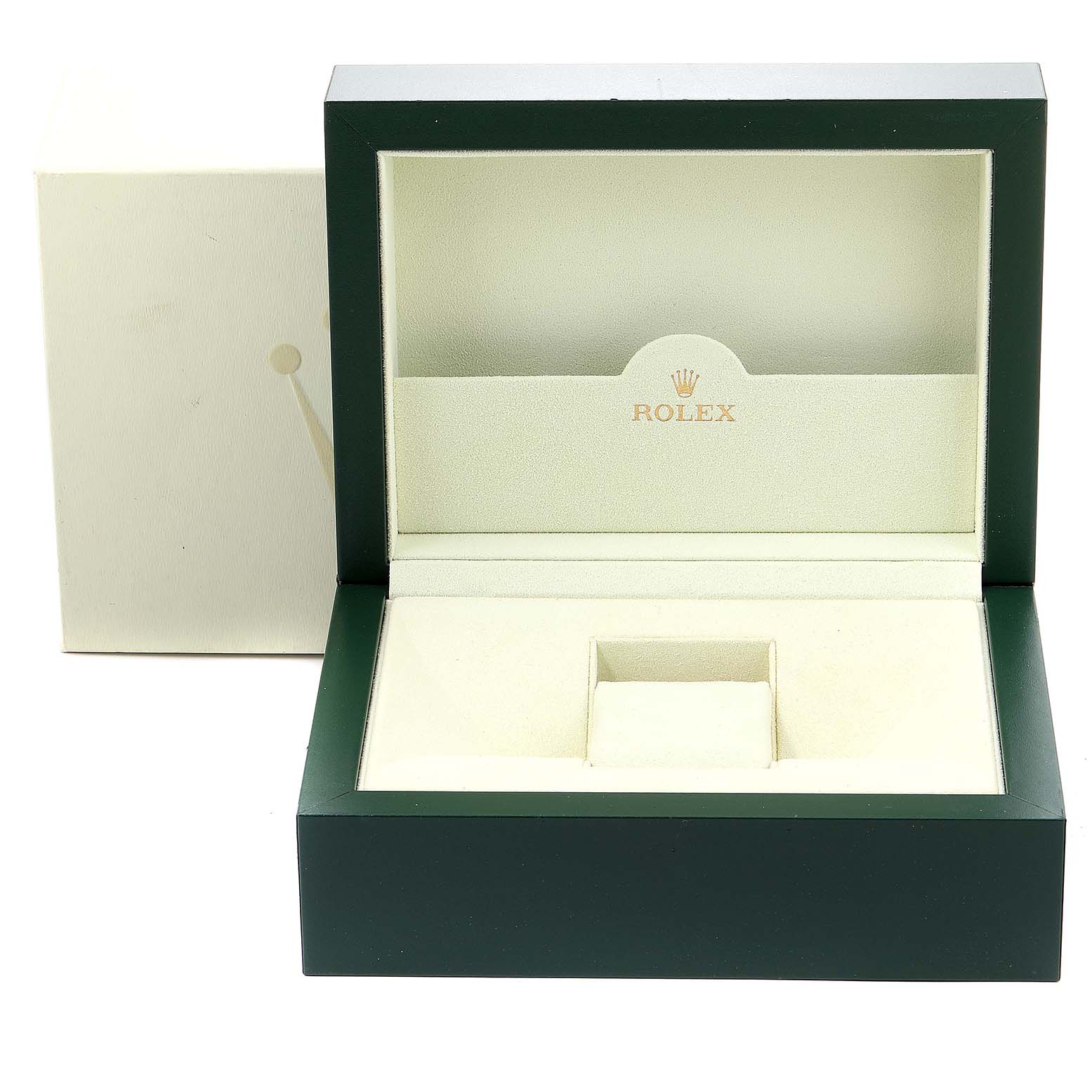 This image shows an open Rolex Yacht-Master 16623 Men's Steel and Gold (two tone) White Dial 16623 Men's Steel and Gold (two tone) White Dial watch box from a front angle, including the exterior case and interior padding.