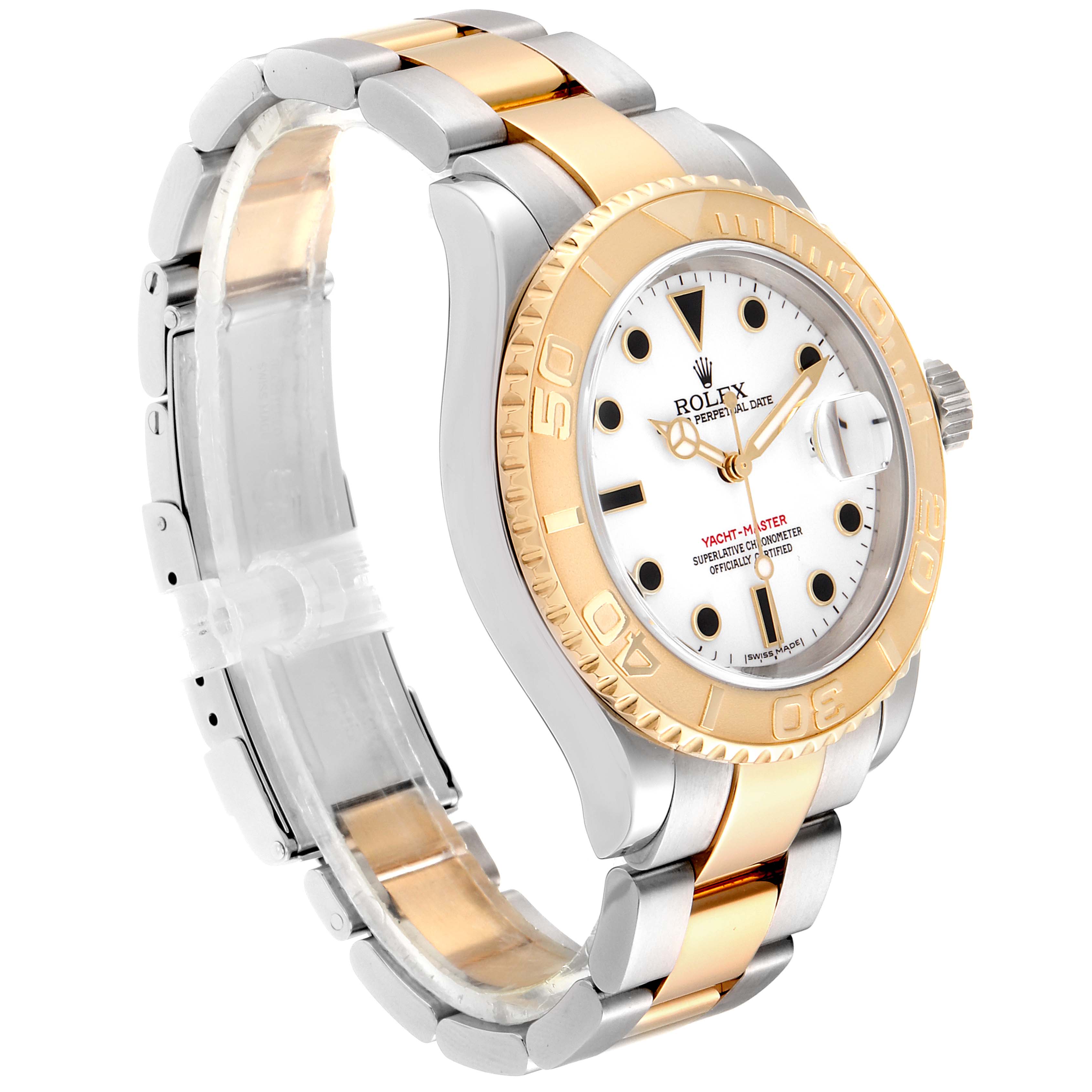 The image shows a side angle of a Rolex Yacht-Master 16623 Men's Steel and Gold (two tone) White Dial 16623 Men's Steel and Gold (two tone) White Dial watch, highlighting its gold bezel, white dial, and two-tone bracelet.