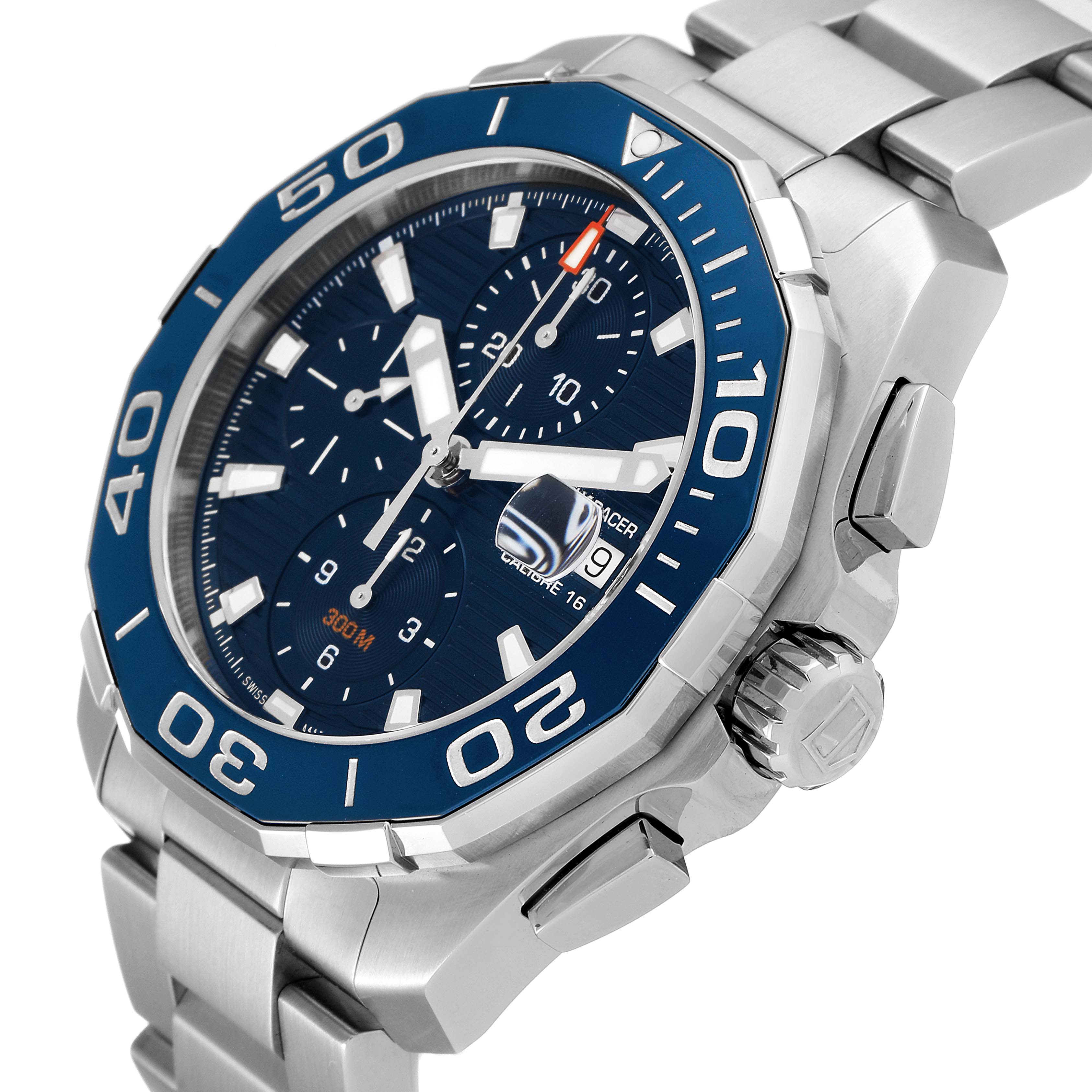 The image shows the Tag Heuer Aquaracer CAY211B.BA0927 Men
s Stainless Steel Blue Dial CAY211B.BA0927 Men
s Stainless Steel Blue Dial watch at a tilted angle, highlighting the face, bezel, crown, and part of the bracelet.