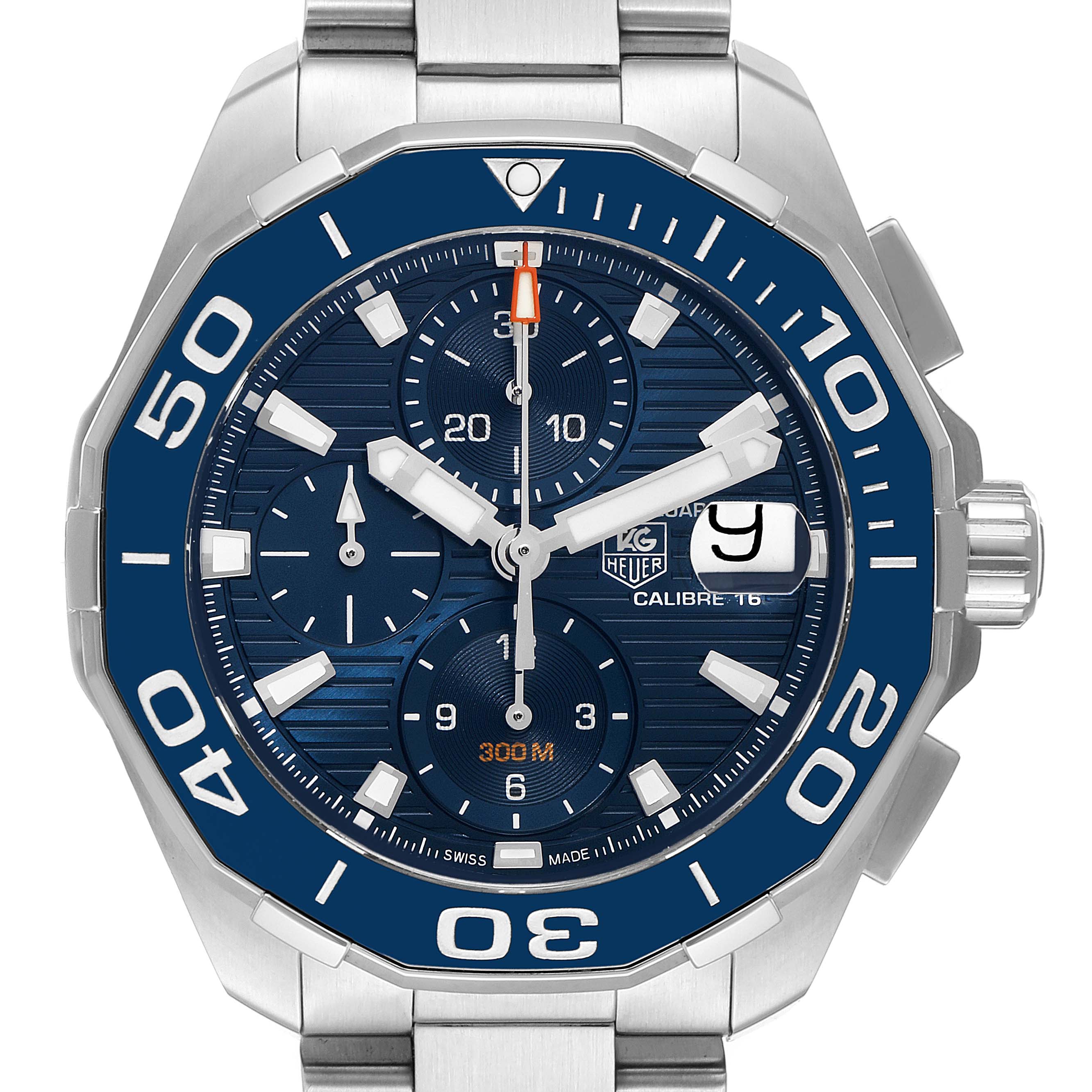 The Tag Heuer Aquaracer CAY211B.BA0927 Men
s Stainless Steel Blue Dial CAY211B.BA0927 Men
s Stainless Steel Blue Dial watch is shown from a front angle, highlighting its dial, bezel, and bracelet.