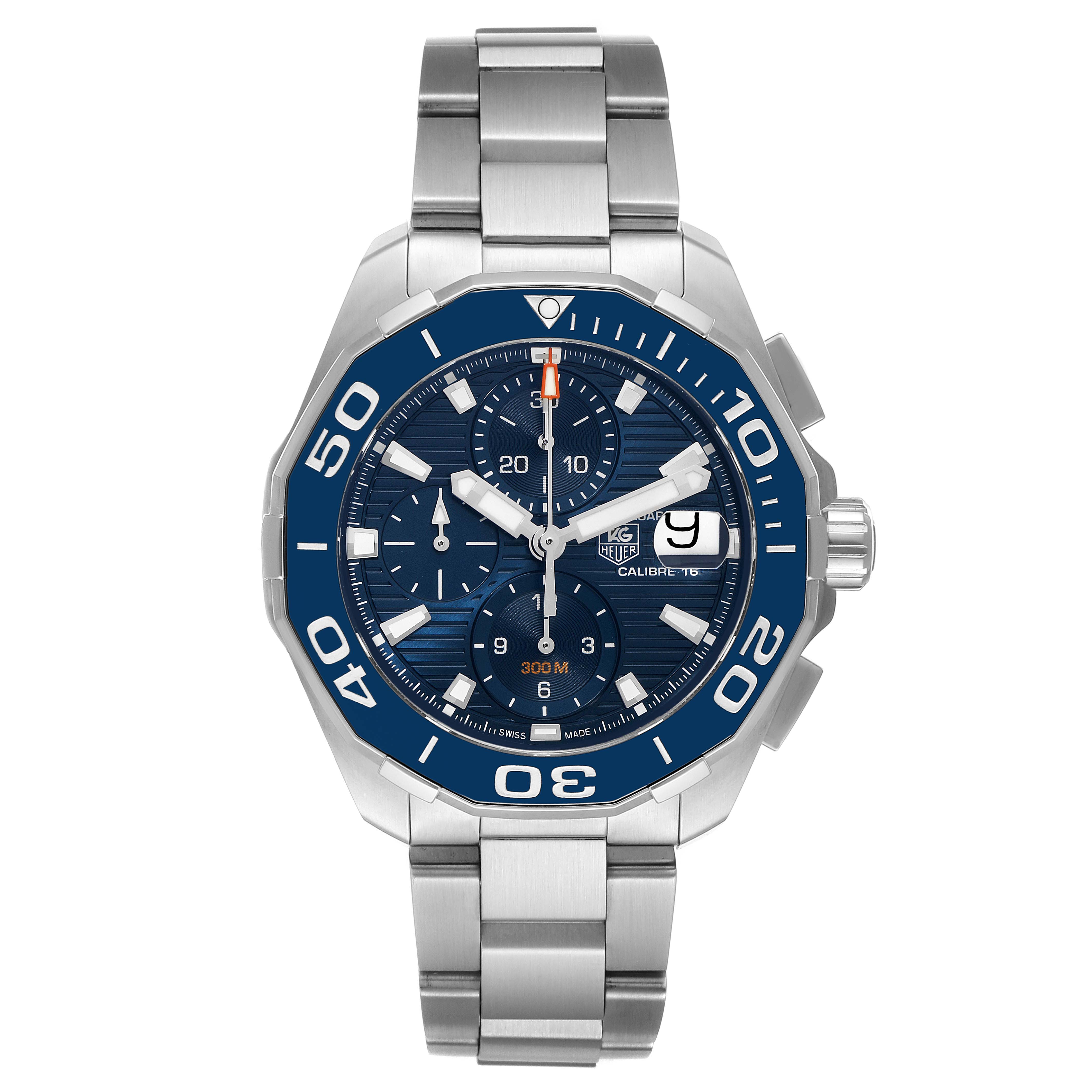 The image shows a front view of a Tag Heuer Aquaracer CAY211B.BA0927 Men
s Stainless Steel Blue Dial CAY211B.BA0927 Men
s Stainless Steel Blue Dial watch, highlighting its blue dial, bezel, and stainless steel bracelet.