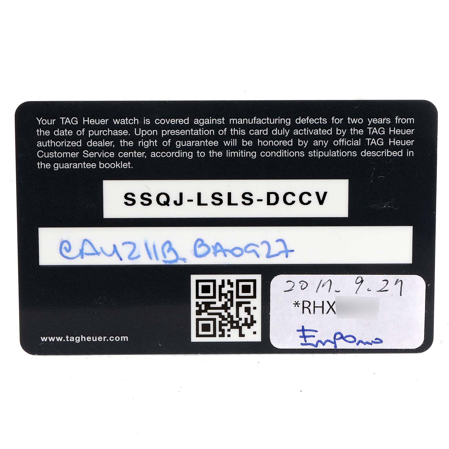 This image shows a warranty card for a Tag Heuer Aquaracer CAY211B.BA0927 Men
s Stainless Steel Blue Dial CAY211B.BA0927 Men
s Stainless Steel Blue Dial watch, displaying a code, handwritten details, and a QR code.
