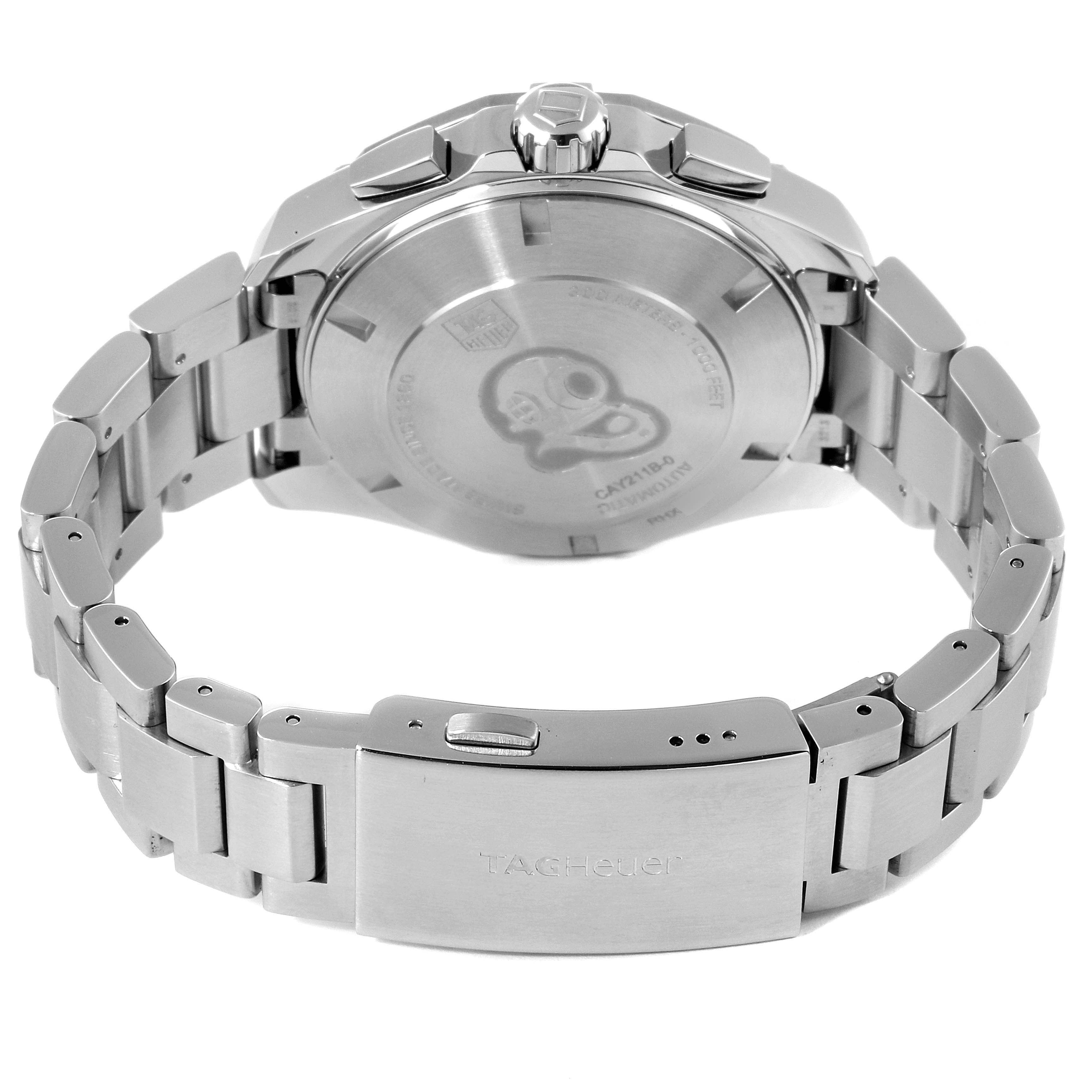 The image shows the back angle of the Tag Heuer Aquaracer CAY211B.BA0927 Men
s Stainless Steel Blue Dial CAY211B.BA0927 Men
s Stainless Steel Blue Dial watch, highlighting its case back, bracelet, and clasp.