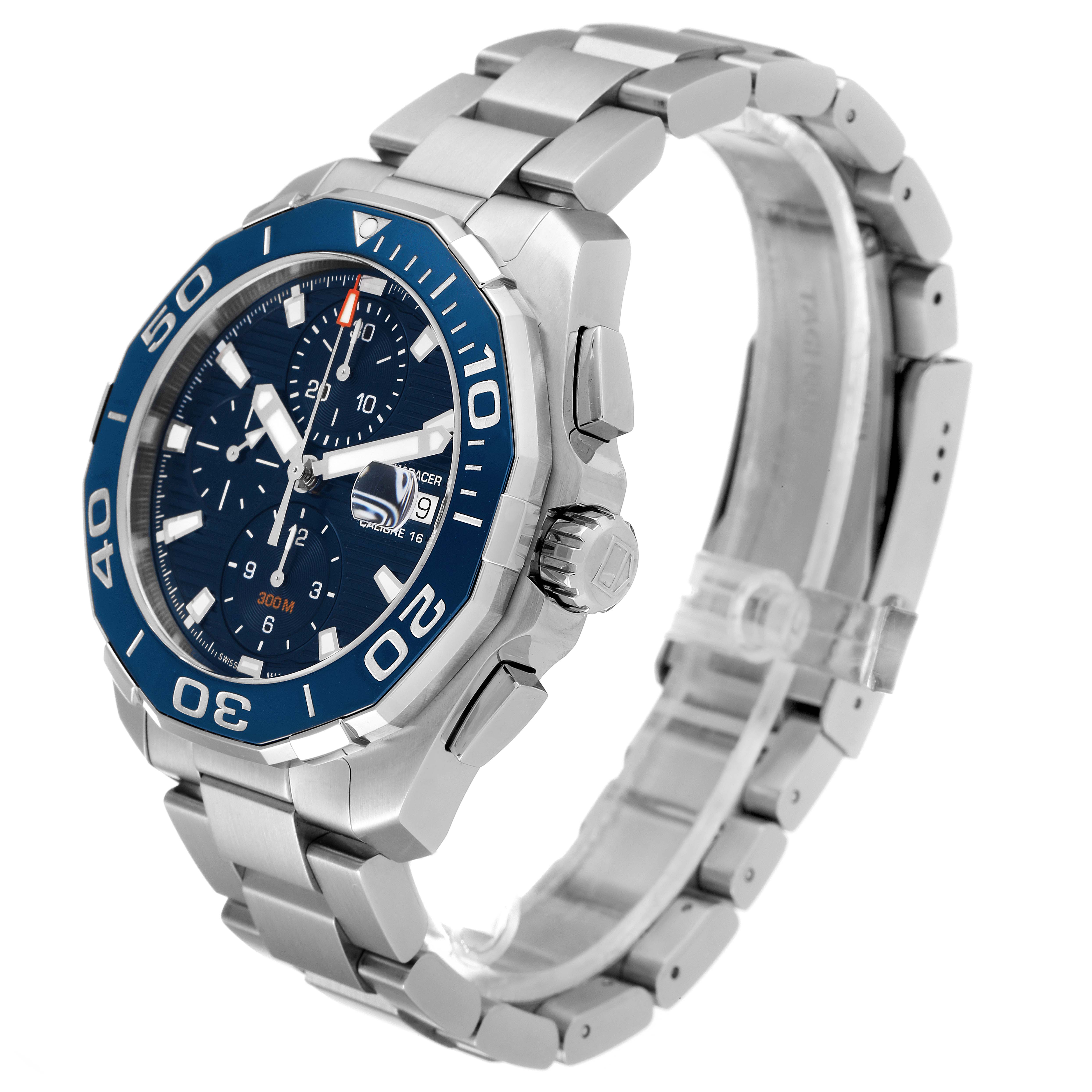 This image shows a Tag Heuer Aquaracer CAY211B.BA0927 Men
s Stainless Steel Blue Dial CAY211B.BA0927 Men
s Stainless Steel Blue Dial watch from a front angle, highlighting the face, bezel, and stainless steel band.