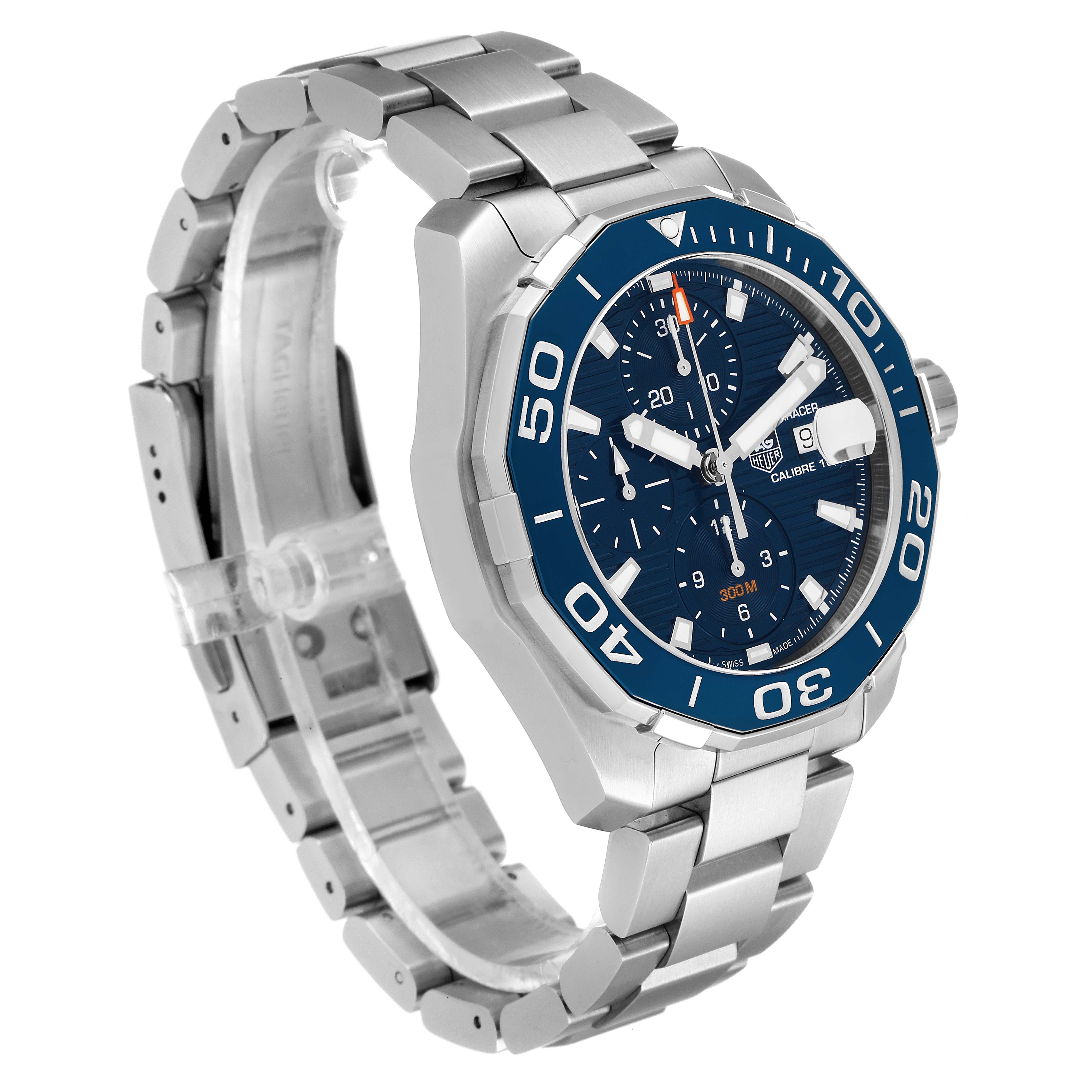 The image shows a side-angle view of the Tag Heuer Aquaracer CAY211B.BA0927 Men
s Stainless Steel Blue Dial CAY211B.BA0927 Men
s Stainless Steel Blue Dial watch, highlighting the bracelet, case, and bezel.