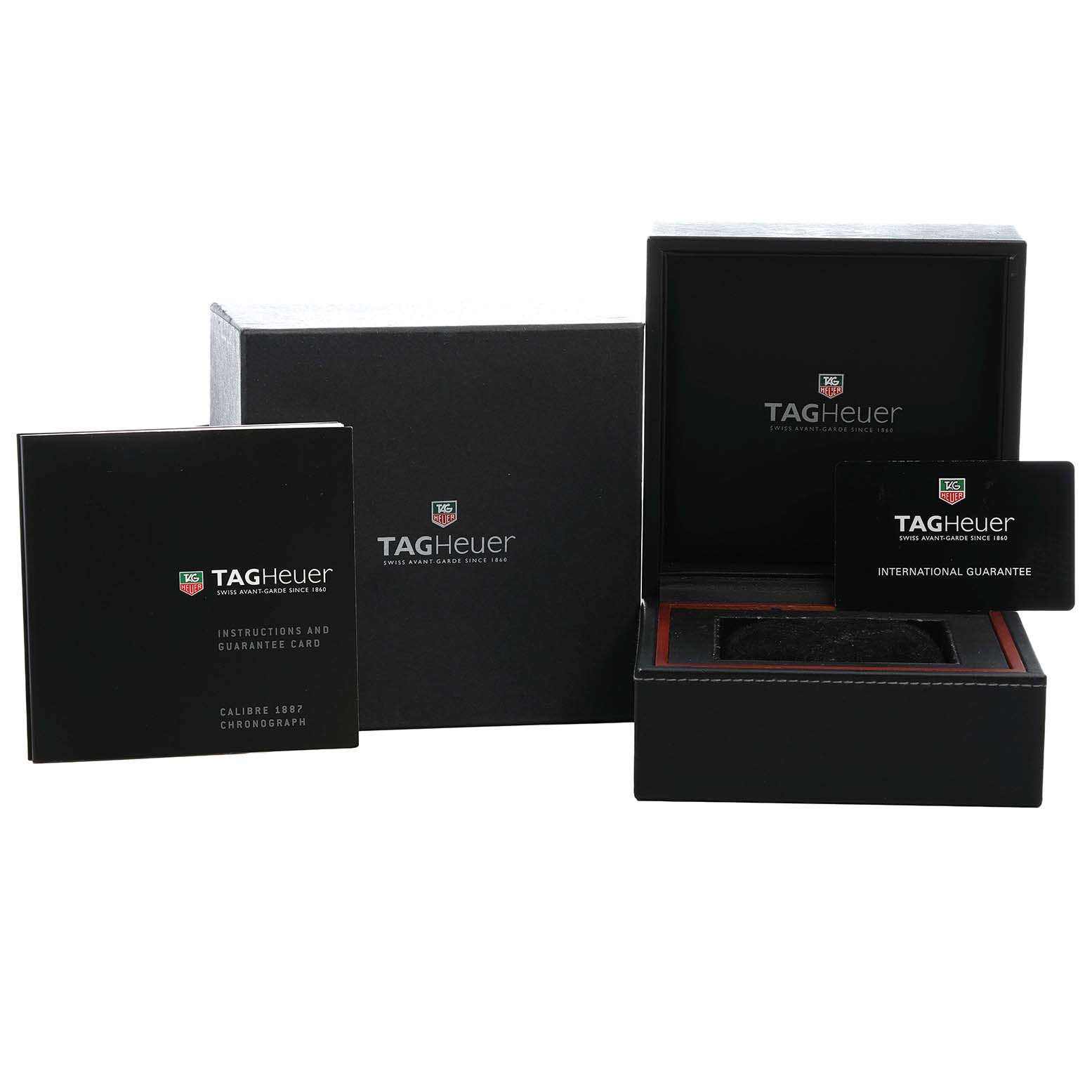 The image shows the packaging and accessories for a Tag Heuer Carrera CAR2112.FC6267 Men's Stainless Steel Brown Dial watch, including the box, instruction manual, and guarantee card.