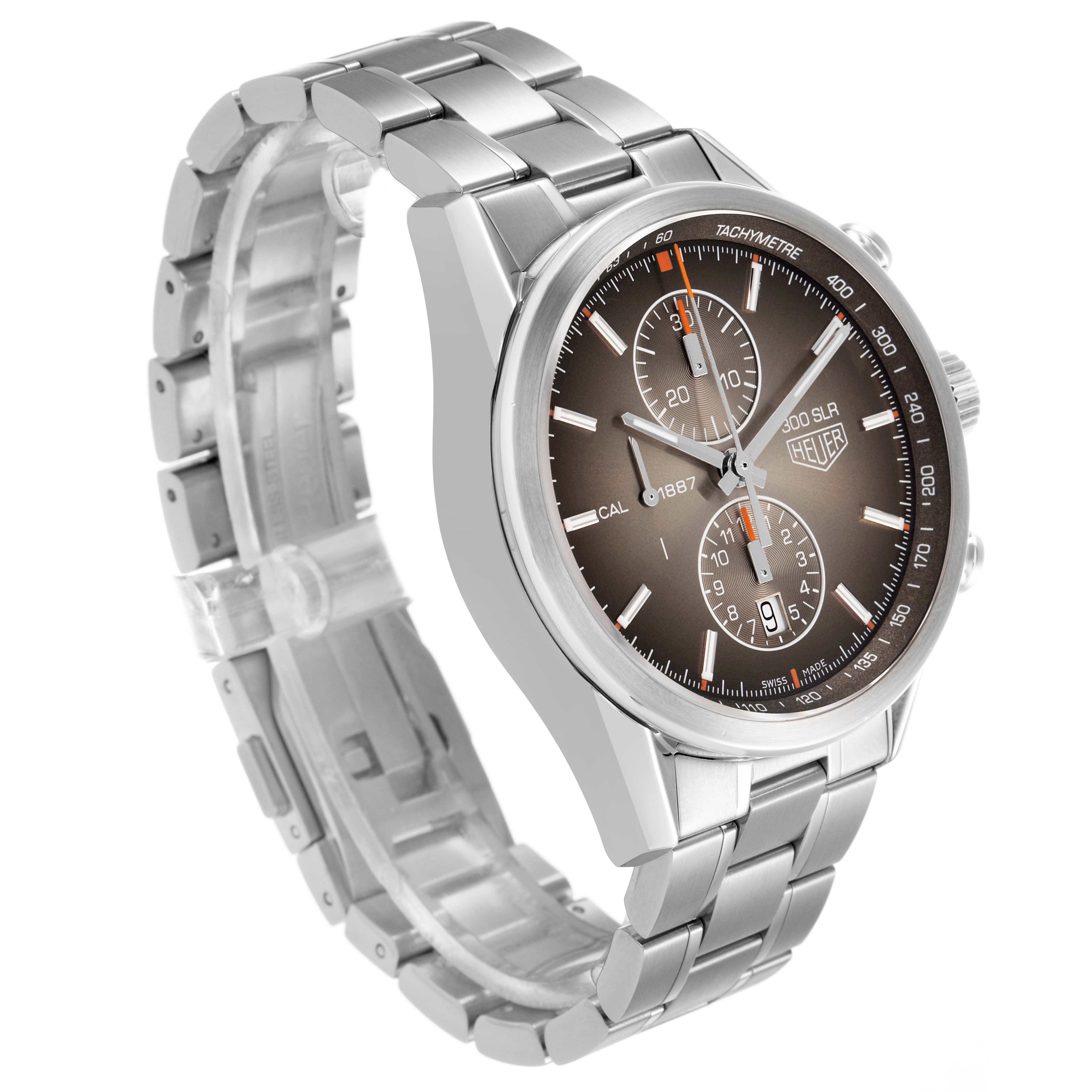 The Tag Heuer Carrera CAR2112.FC6267 Men's Stainless Steel Brown Dial watch is shown from a side angle, highlighting the dial, bezel, and metal bracelet.