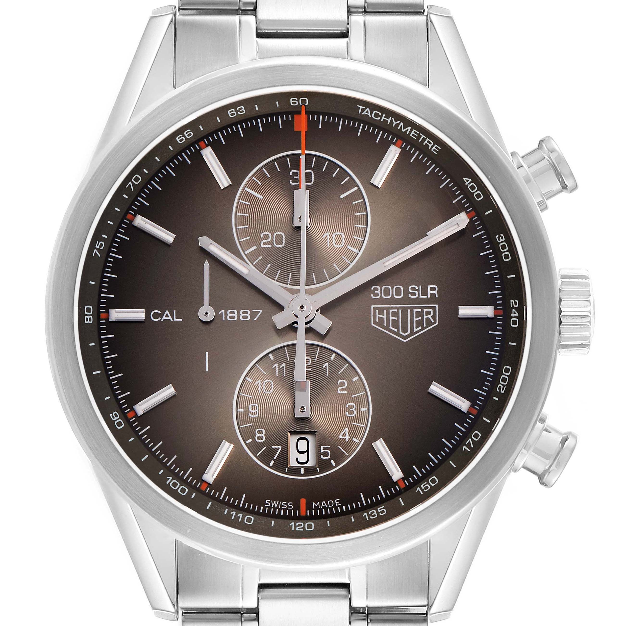 The image shows a frontal view of the Tag Heuer Carrera CAR2112.FC6267 Men's Stainless Steel Brown Dial watch, highlighting the dial, subdials, and crown.