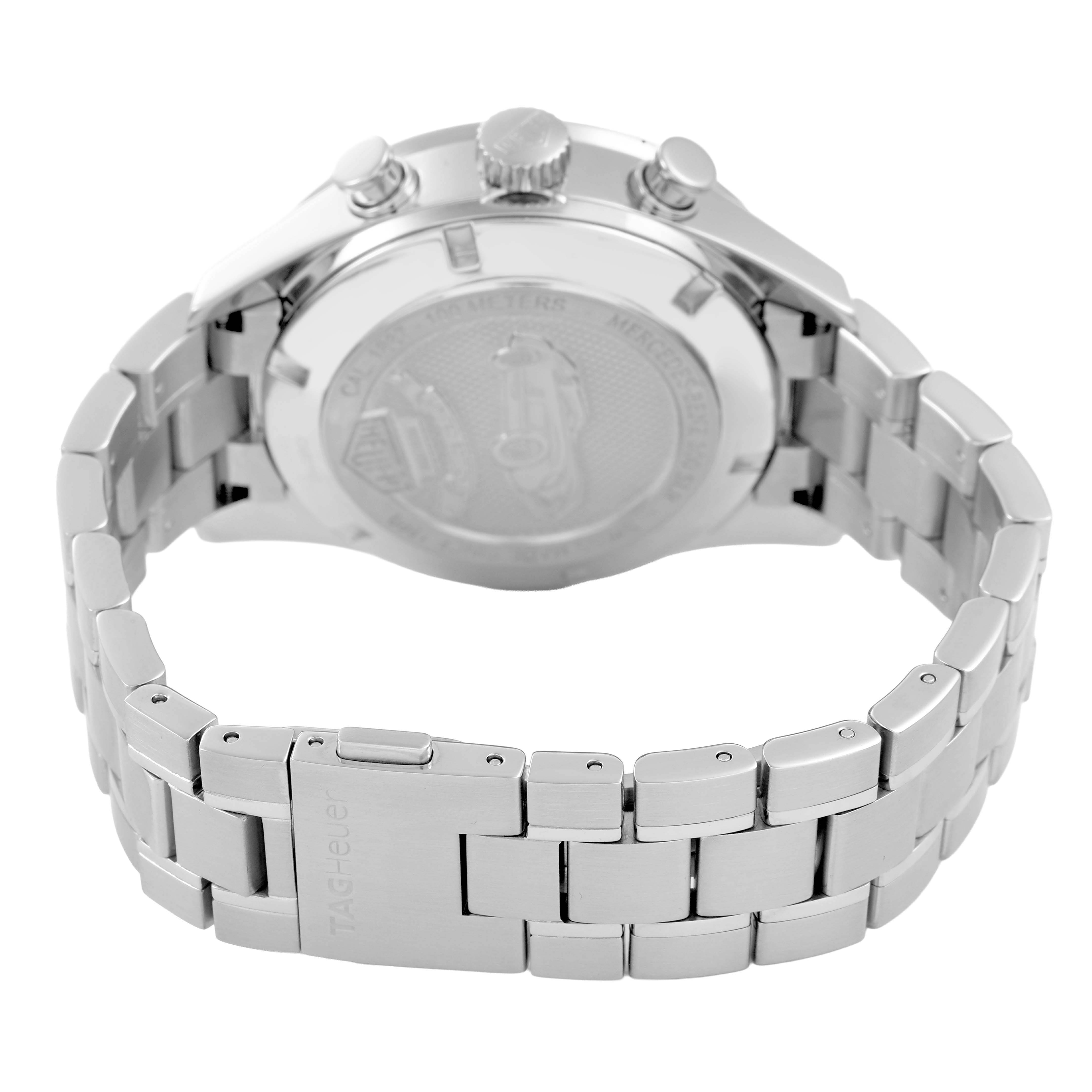 The image shows the back and side view of the Tag Heuer Carrera CAR2112.FC6267 Men's Stainless Steel Brown Dial, highlighting the bracelet and clasp.