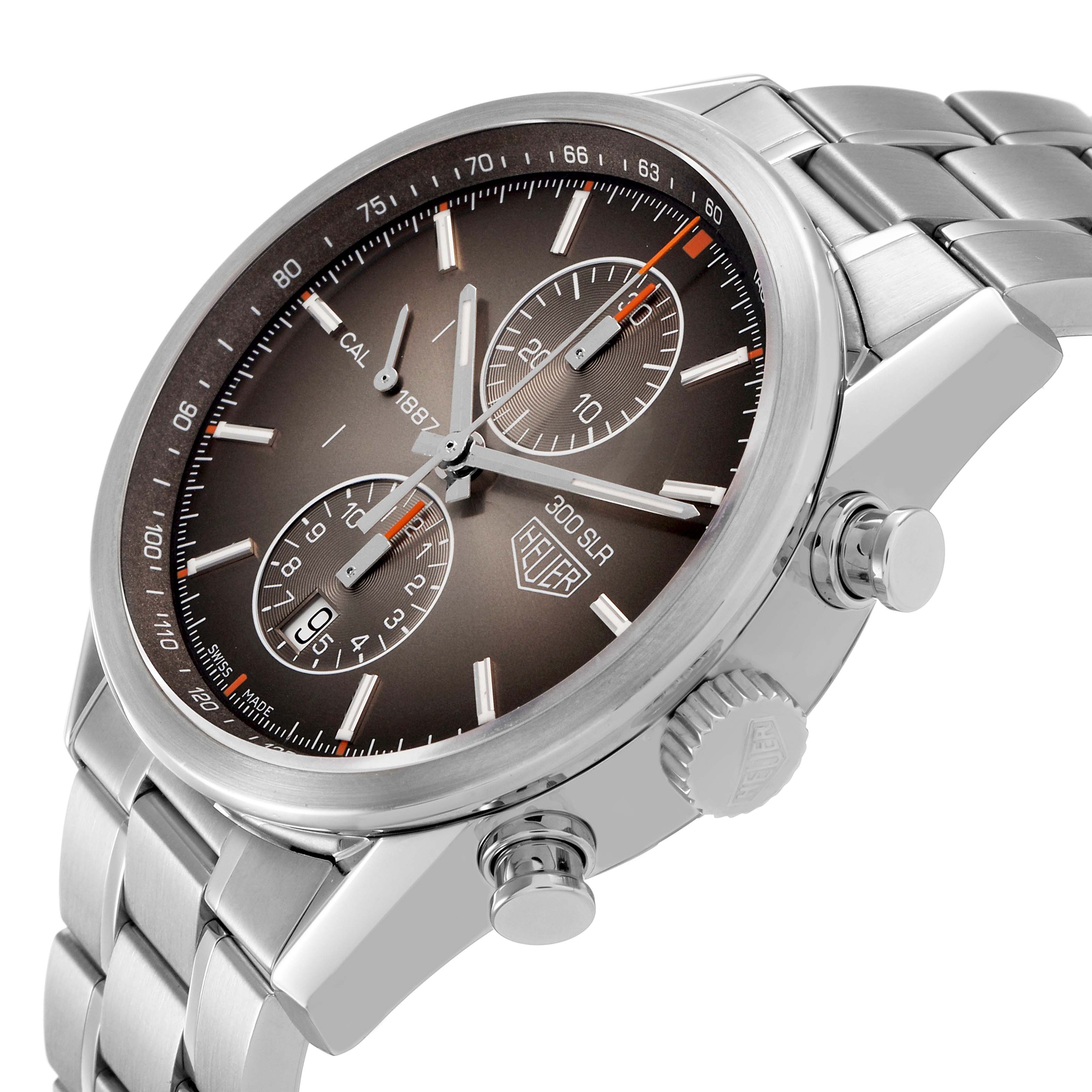 The Tag Heuer Carrera CAR2112.FC6267 Men's Stainless Steel Brown Dial is shown at a three-quarter angle, highlighting the face, crown, pushers, and bracelet.
