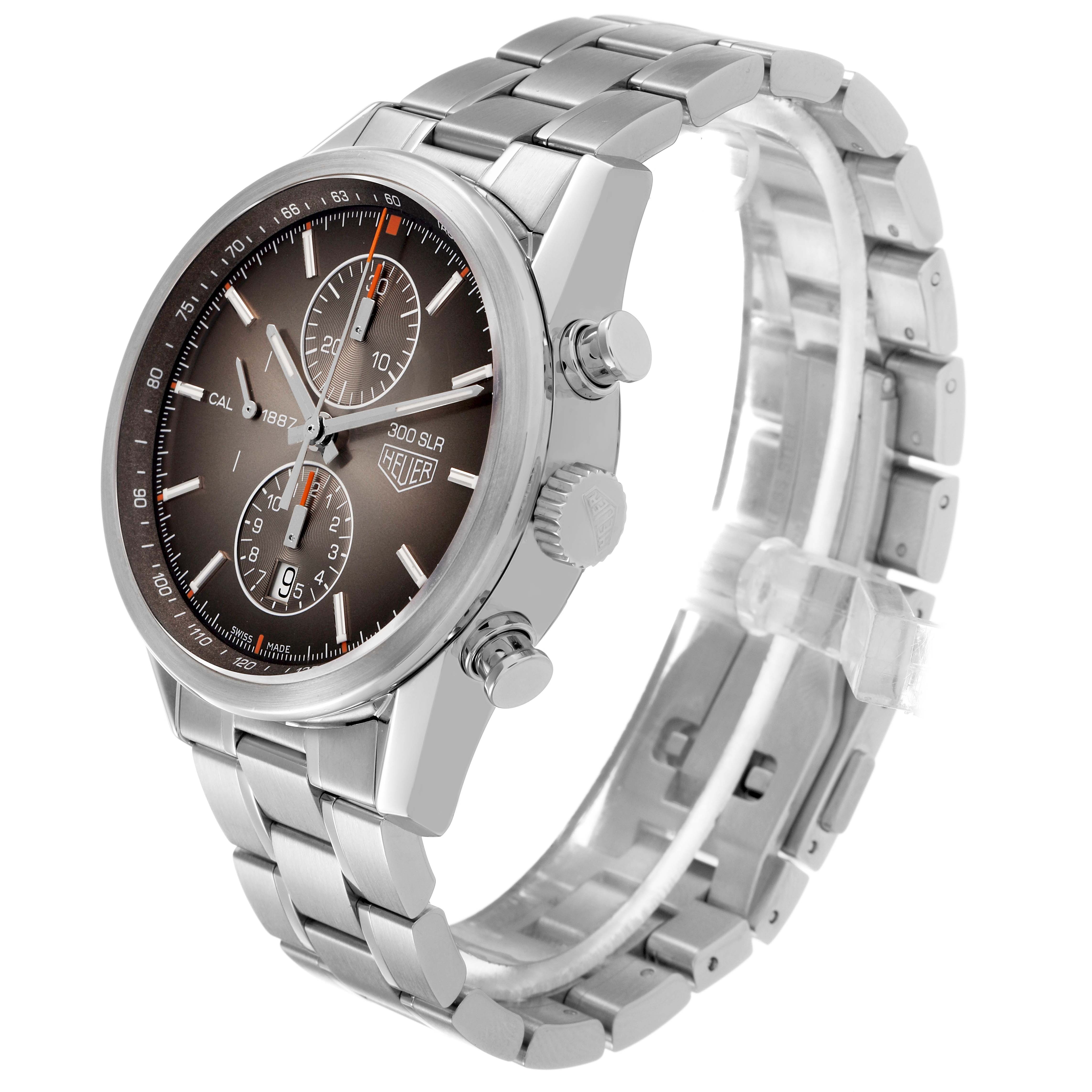 The image shows a Tag Heuer Carrera CAR2112.FC6267 Men's Stainless Steel Brown Dial watch angled from the front-right, highlighting the face, bezel, crown, and bracelet.