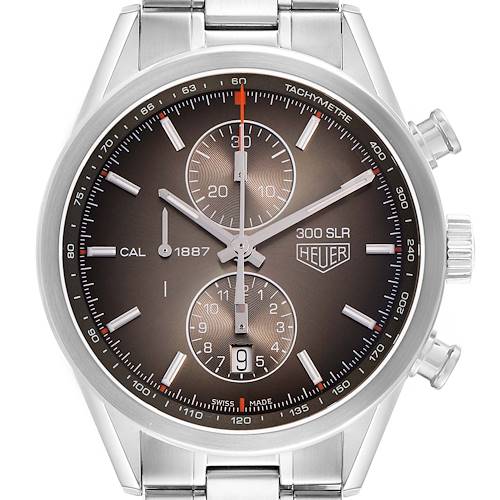 The image shows a Tag Heuer Carrera CAR2112.FC6267 Men's Stainless Steel Brown Dial watch from the front, highlighting the dial, sub-dials, and tachymetric scale.