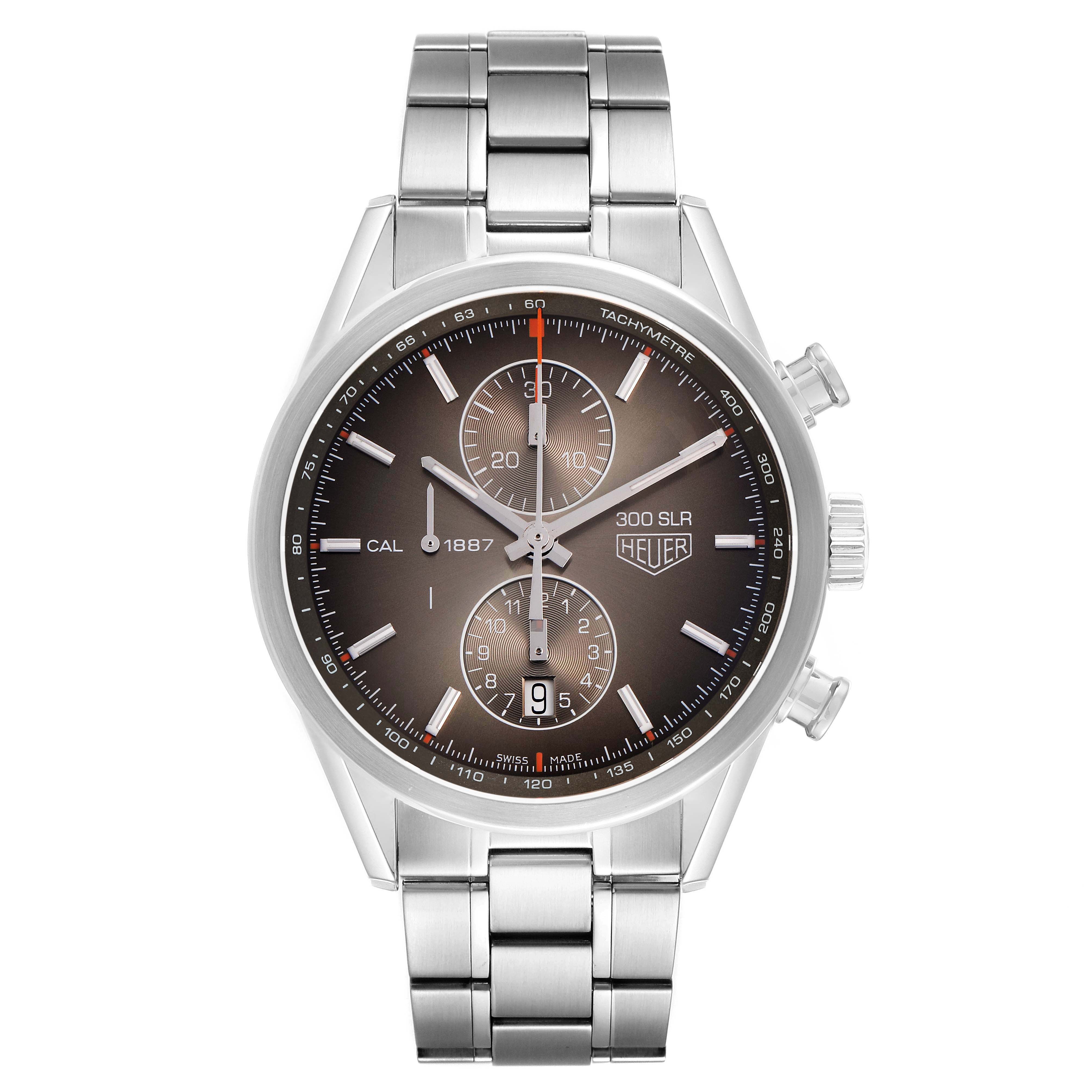 The Tag Heuer Carrera CAR2112.FC6267 Men's Stainless Steel Brown Dial watch is shown from the front, displaying its face, chronograph dials, and stainless steel bracelet.