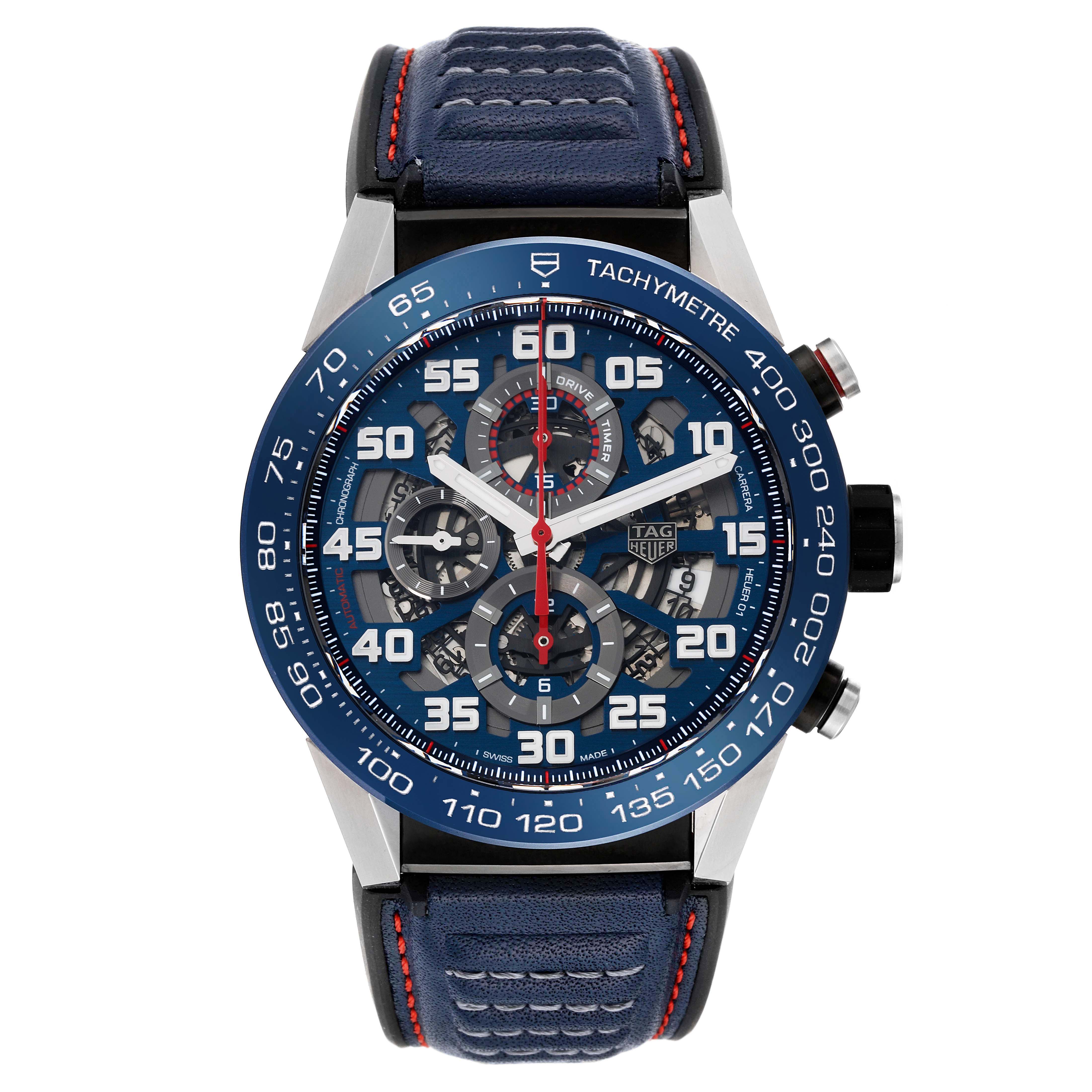 The image shows a front view of the Tag Heuer Carrera CAR2A1N.FT6100 Men's Stainless Steel Blue Dial CAR2A1N.FT6100 Men's Stainless Steel Blue Dial watch, featuring a blue dial with multiple subdials and a tachymeter bezel.