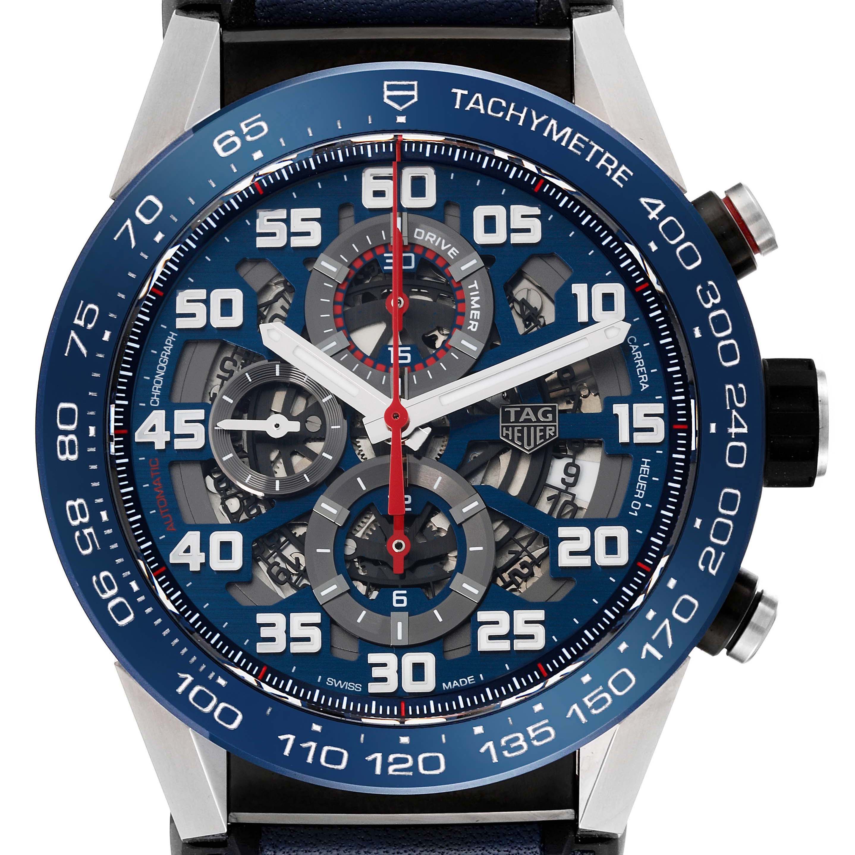 This image shows the front face of a Tag Heuer Carrera CAR2A1N.FT6100 Men's Stainless Steel Blue Dial CAR2A1N.FT6100 Men's Stainless Steel Blue Dial model watch, highlighting the dial and tachymeter scale.