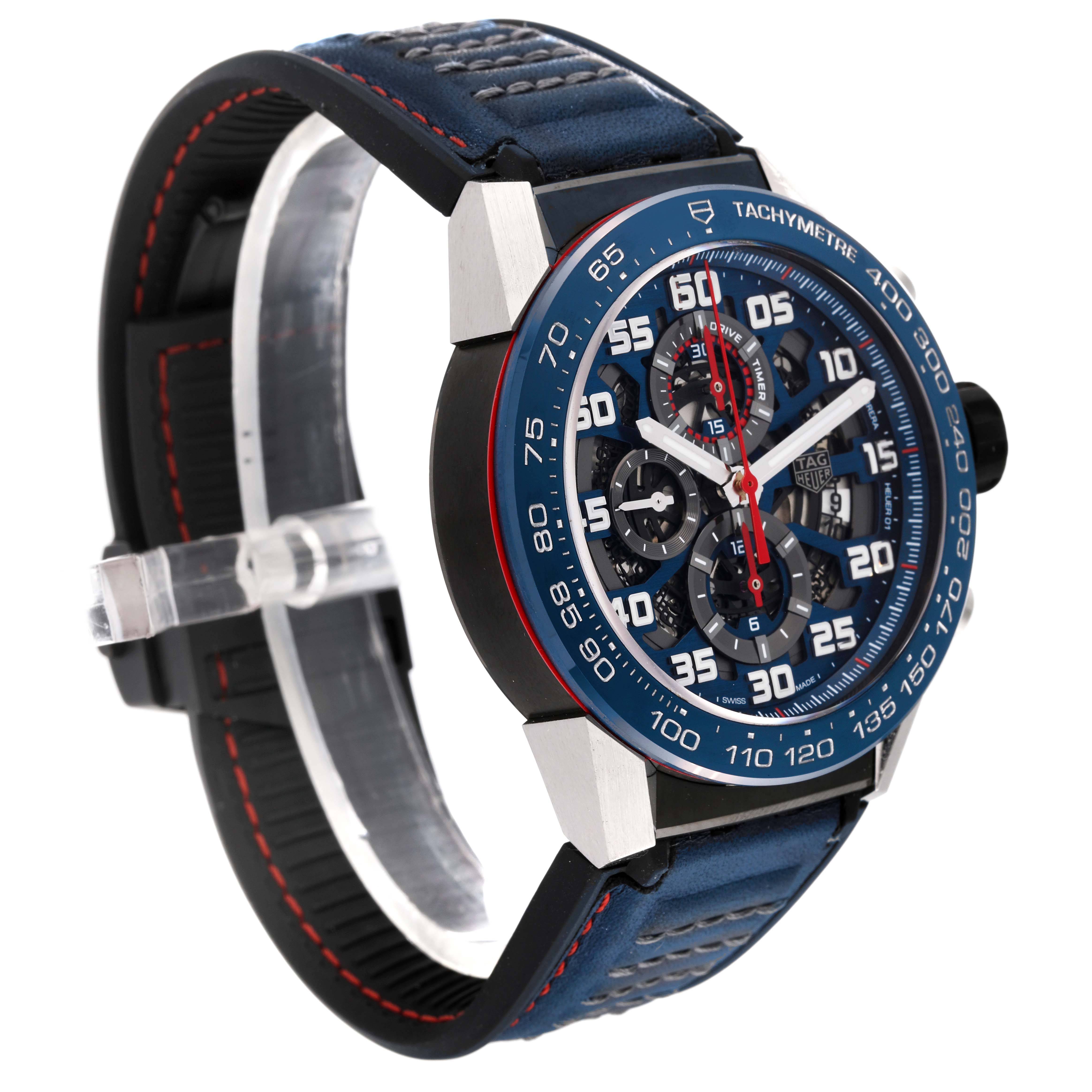 The Tag Heuer Carrera CAR2A1N.FT6100 Men's Stainless Steel Blue Dial CAR2A1N.FT6100 Men's Stainless Steel Blue Dial watch is shown at a three-quarter angle highlighting the face, crown, and blue strap with red stitching.