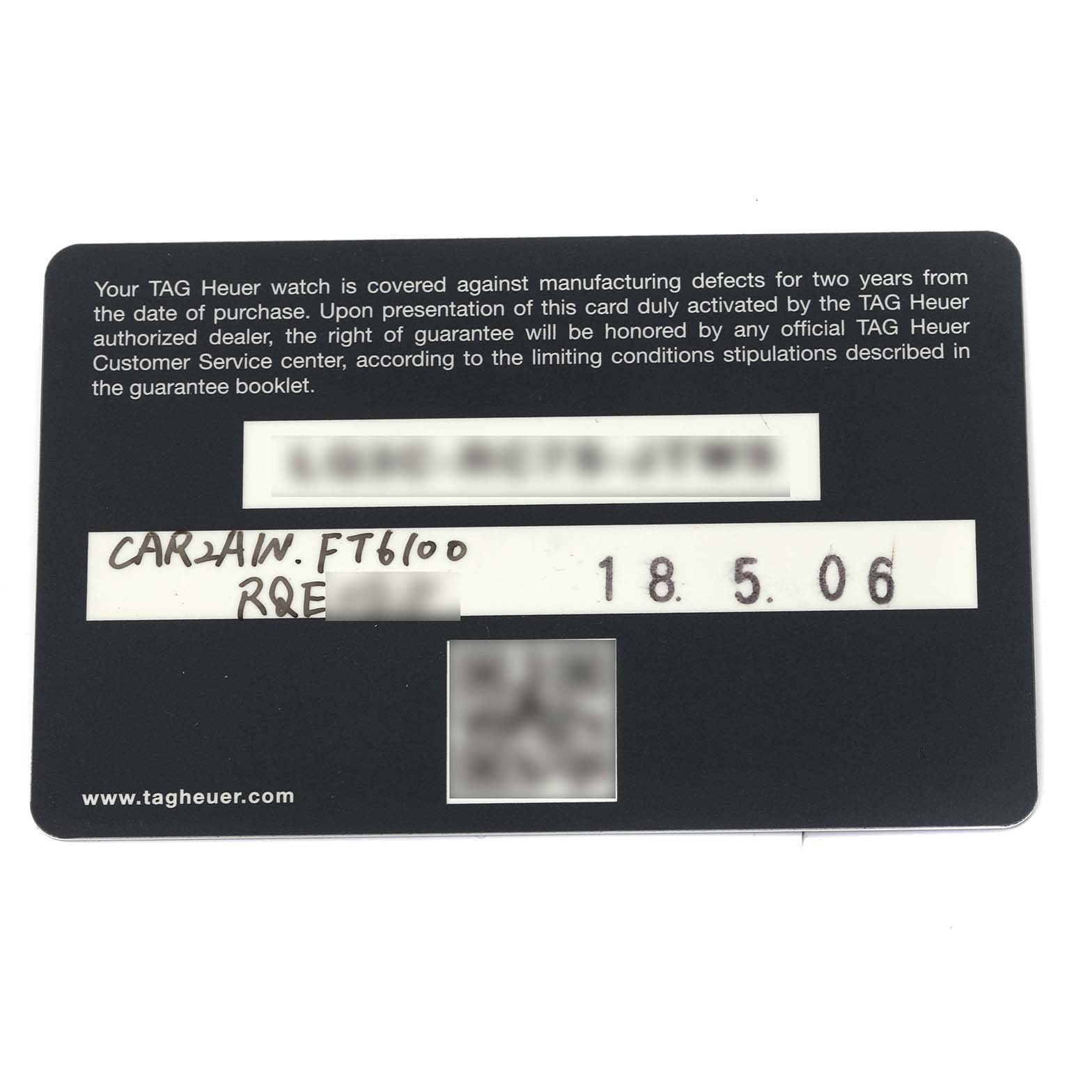 The image shows a warranty card for the Tag Heuer Carrera CAR2A1N.FT6100 Men's Stainless Steel Blue Dial CAR2A1N.FT6100 Men's Stainless Steel Blue Dial model.