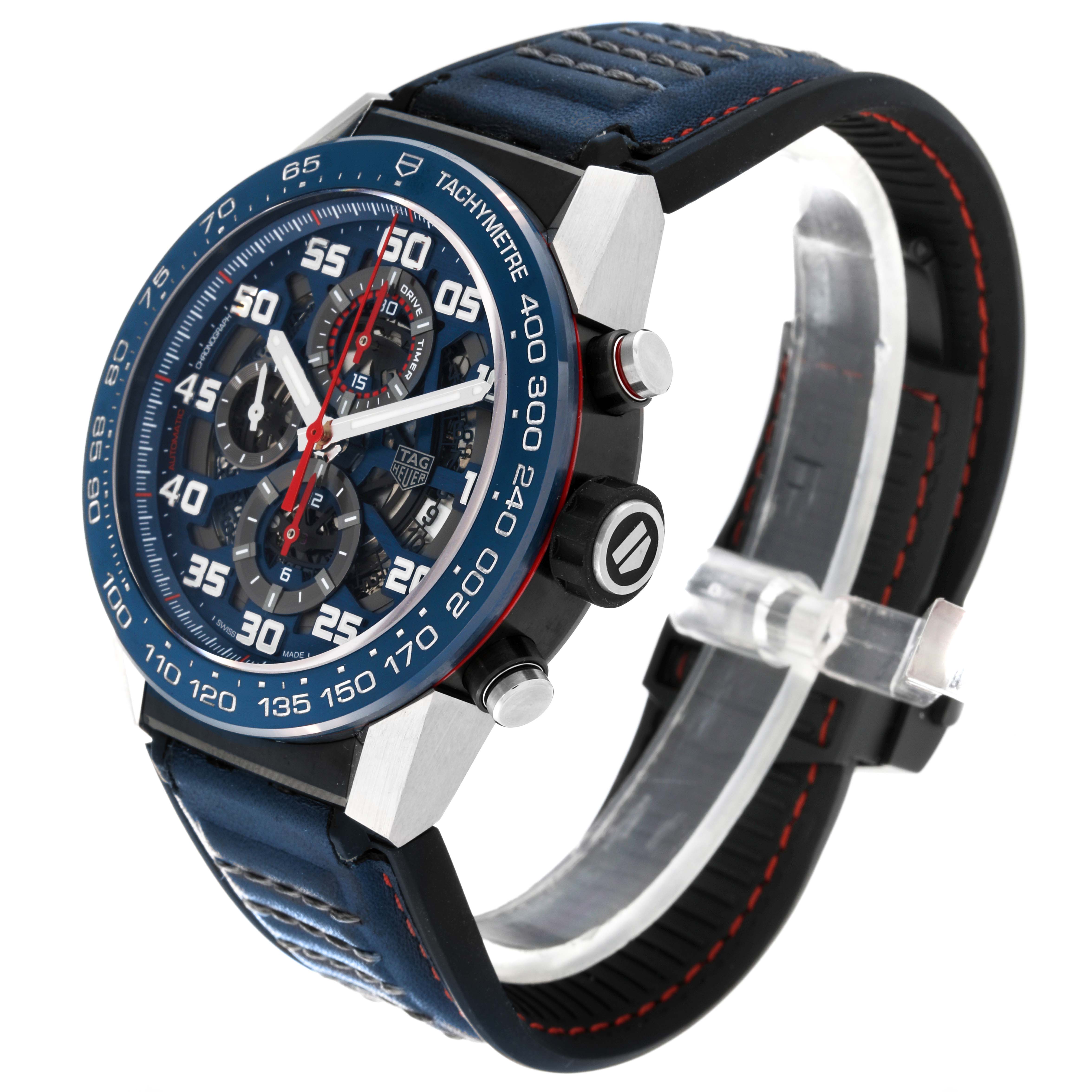 The Tag Heuer Carrera CAR2A1N.FT6100 Men's Stainless Steel Blue Dial CAR2A1N.FT6100 Men's Stainless Steel Blue Dial watch is shown at a three-quarter angle, displaying the face, bezel, side buttons, and part of the strap.