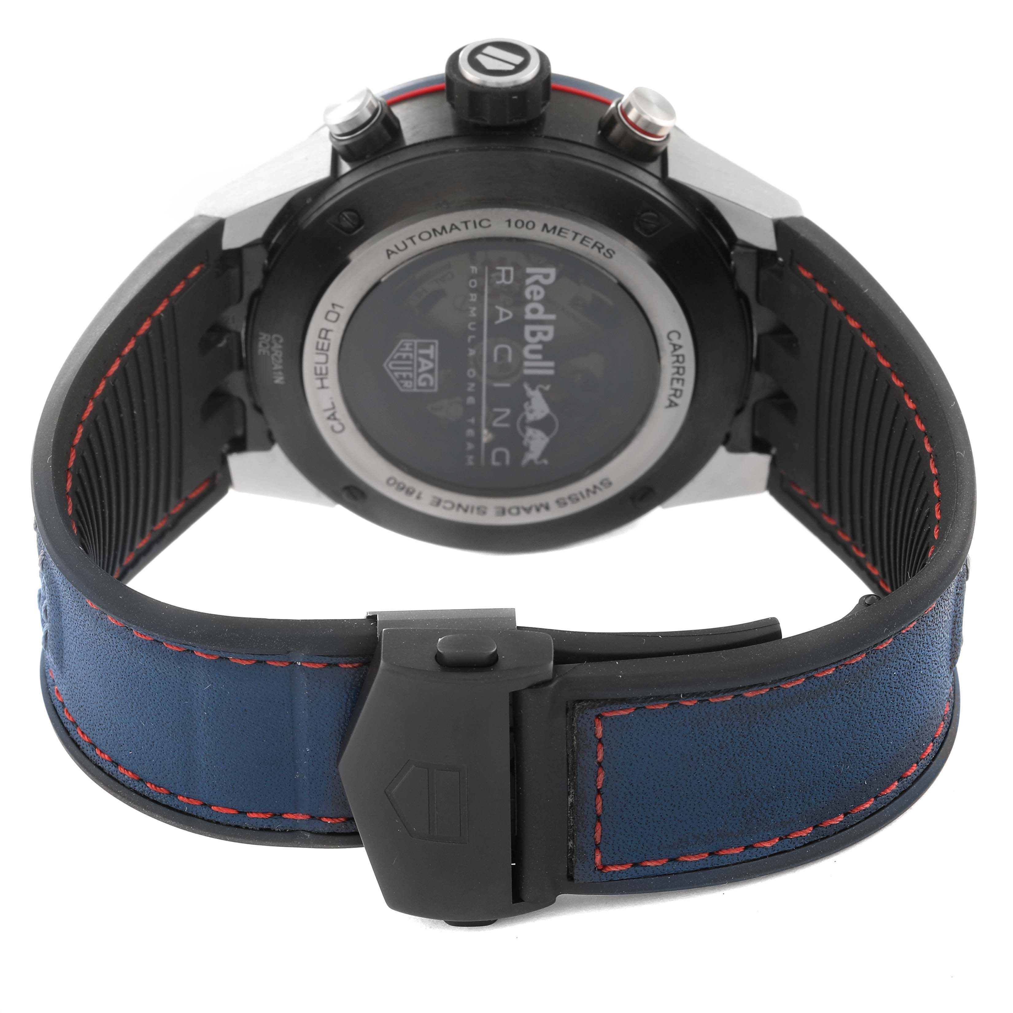 The image shows the back view of a Tag Heuer Carrera CAR2A1N.FT6100 Men's Stainless Steel Blue Dial CAR2A1N.FT6100 Men's Stainless Steel Blue Dial watch with a blue strap and clasp.