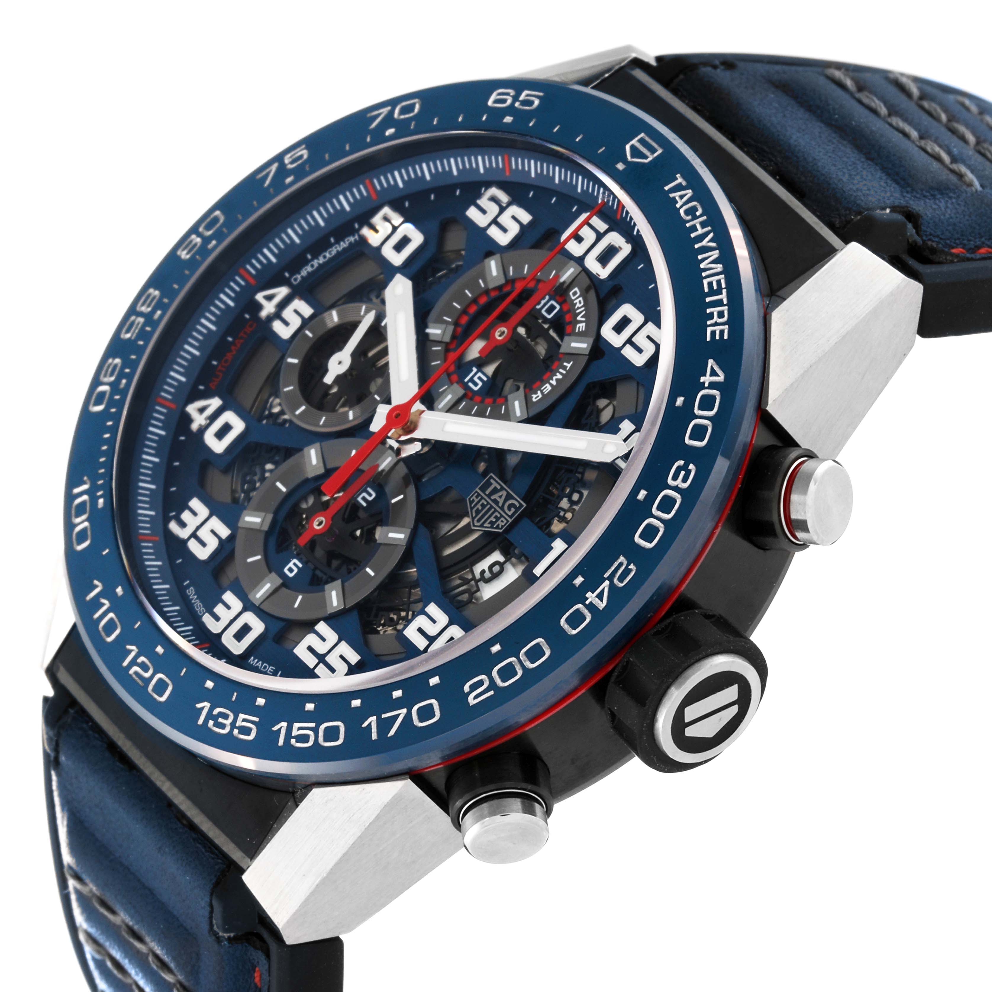 The Tag Heuer Carrera CAR2A1N.FT6100 Men's Stainless Steel Blue Dial CAR2A1N.FT6100 Men's Stainless Steel Blue Dial watch is shown at an angled side view, featuring its dial, bezel, and pushers.