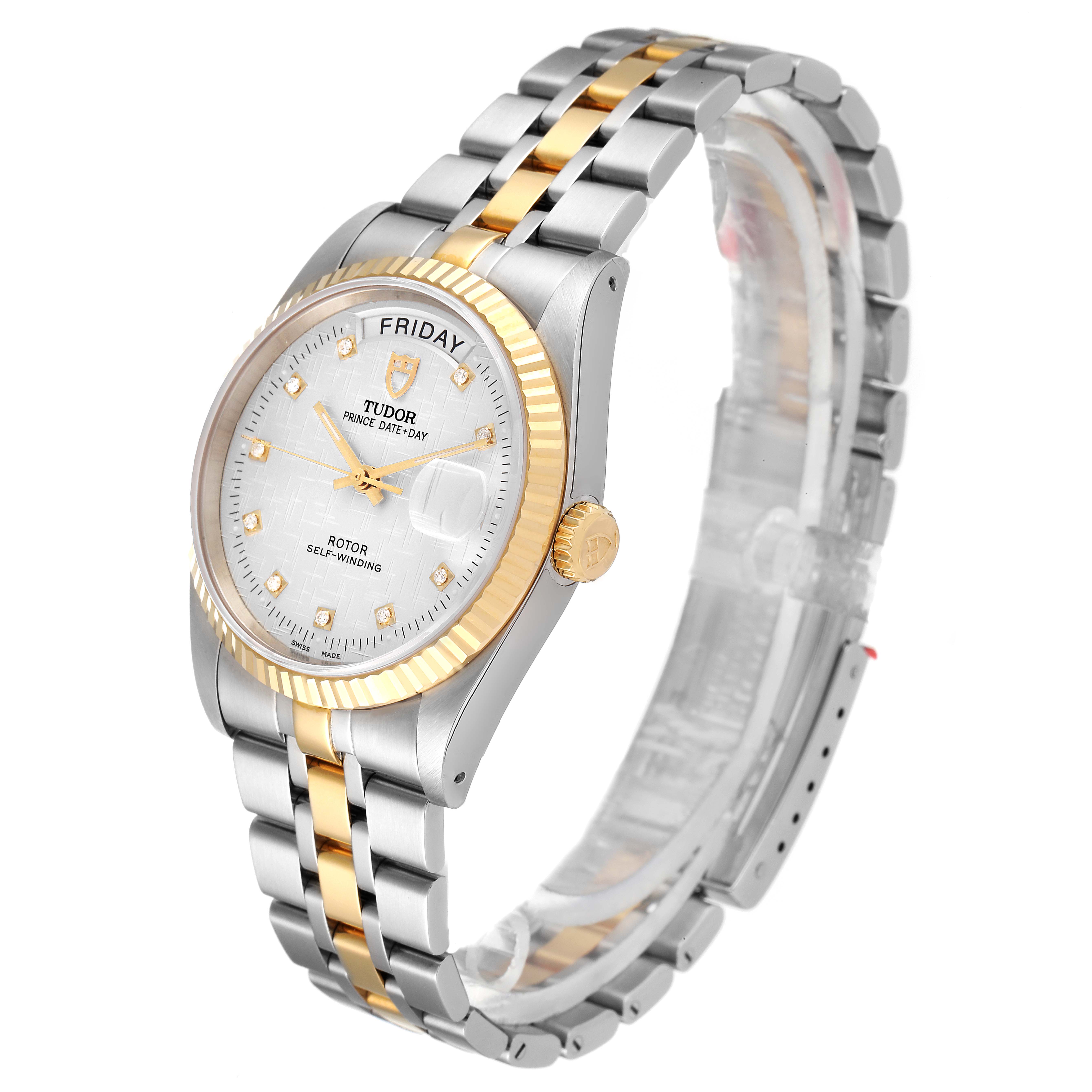 The image shows a Tudor Prince 76213 Men
s Steel and Gold (two tone) Silver Dial 76213 Men
s Steel and Gold (two tone) Silver Dial watch with a two-tone bracelet, angled slightly to display the face and crown.