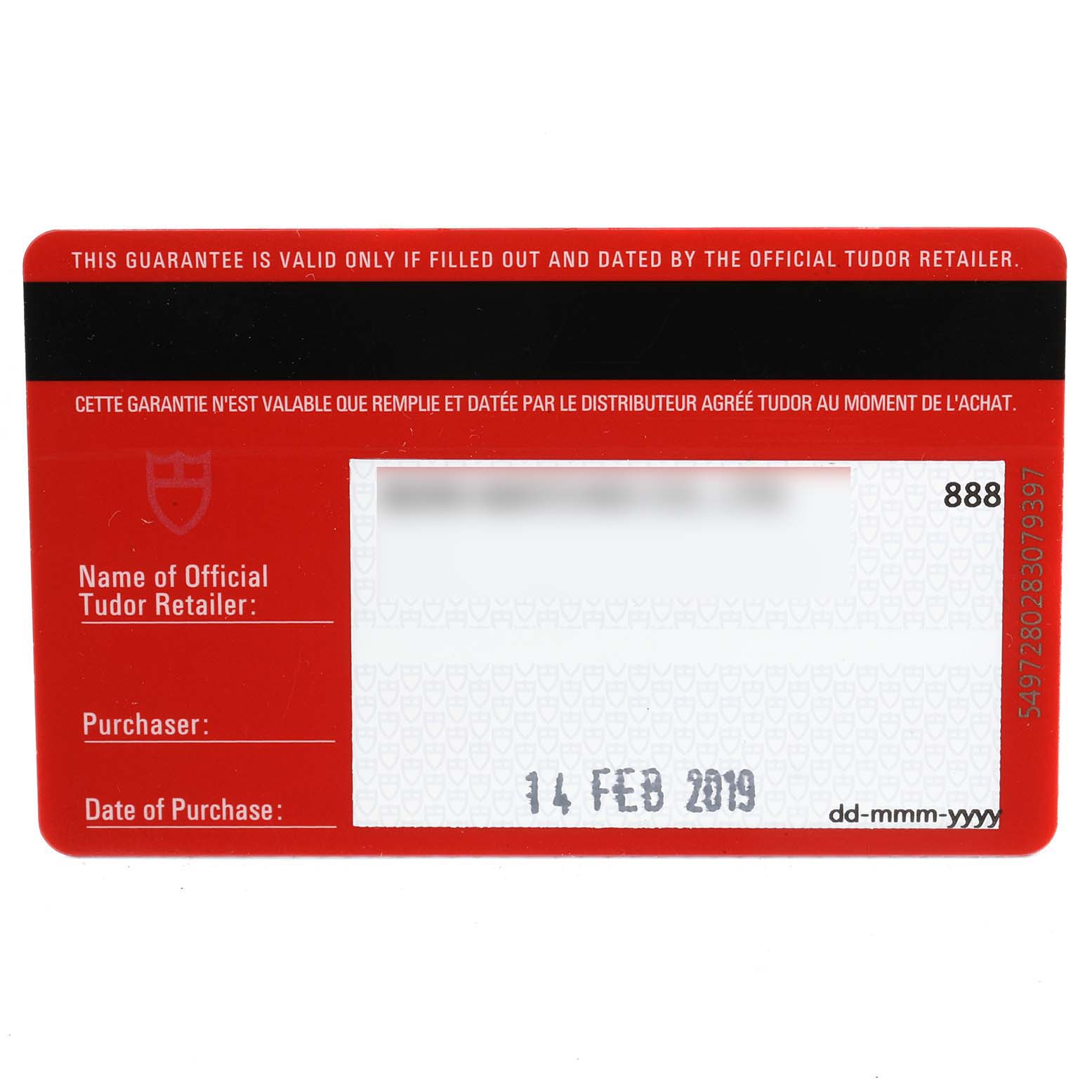 This is a warranty card for the Tudor Prince 76213 Men
s Steel and Gold (two tone) Silver Dial 76213 Men
s Steel and Gold (two tone) Silver Dial model watch, showing details of the retailer, purchaser, and date of purchase.