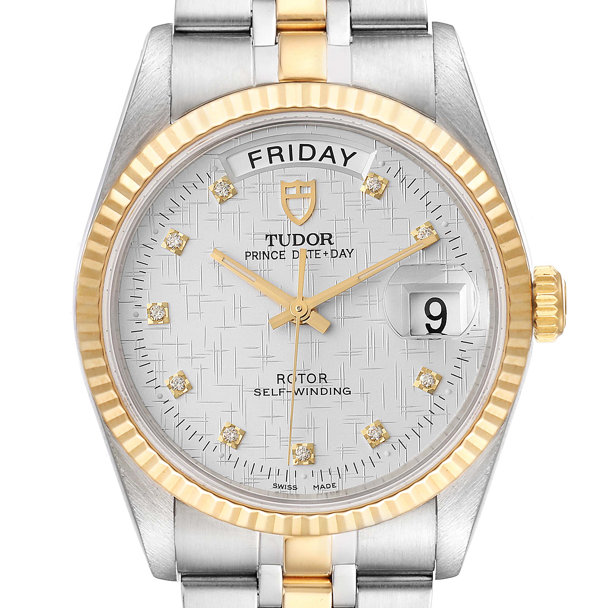 The image shows a front view of the Tudor Prince 76213 Men
s Steel and Gold (two tone) Silver Dial 76213 Men
s Steel and Gold (two tone) Silver Dial model watch, highlighting the day, date, dial, and parts of the bracelet.