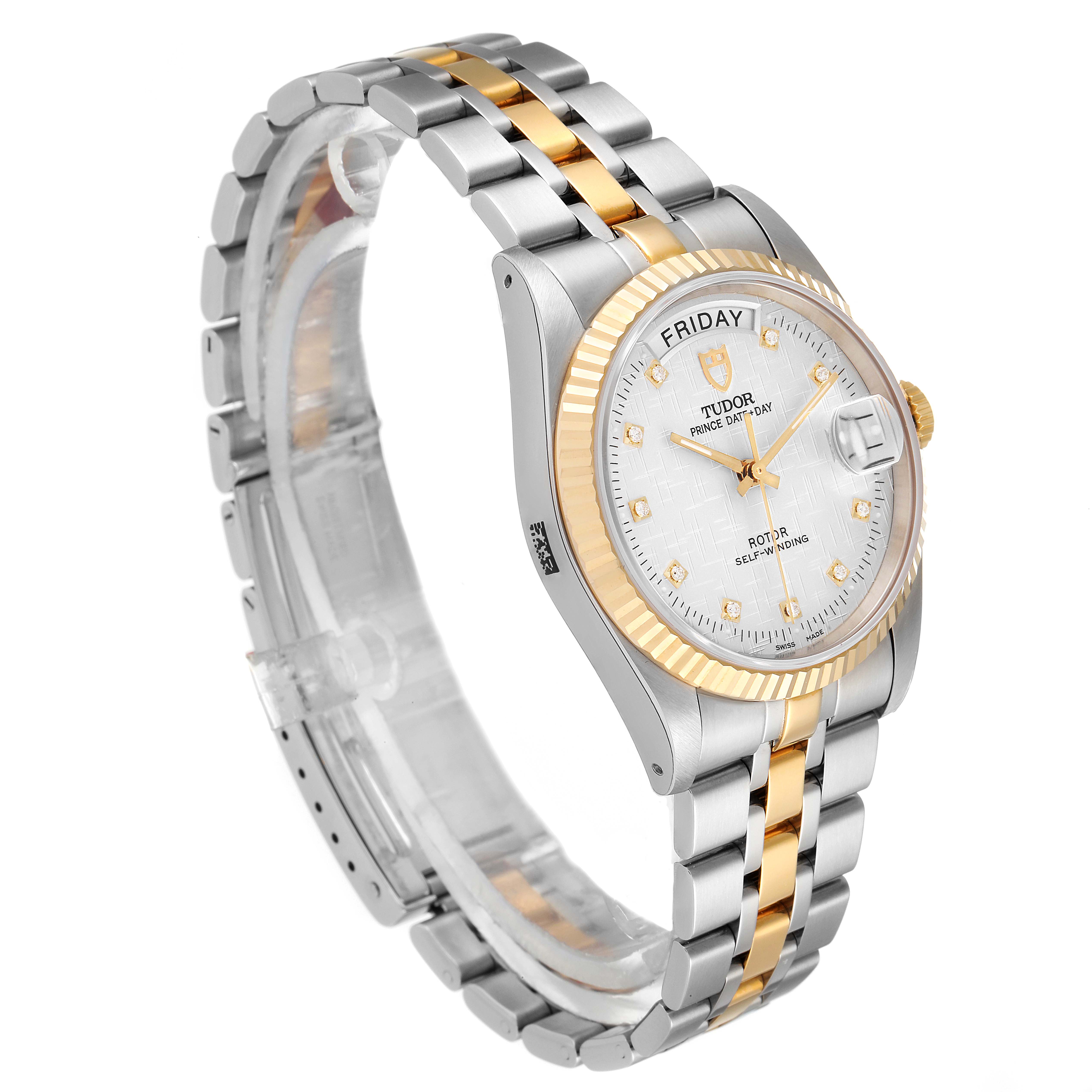 The Tudor Prince 76213 Men
s Steel and Gold (two tone) Silver Dial 76213 Men
s Steel and Gold (two tone) Silver Dial watch is shown at an angled side view, highlighting the two-tone bracelet, case, dial, and crown.