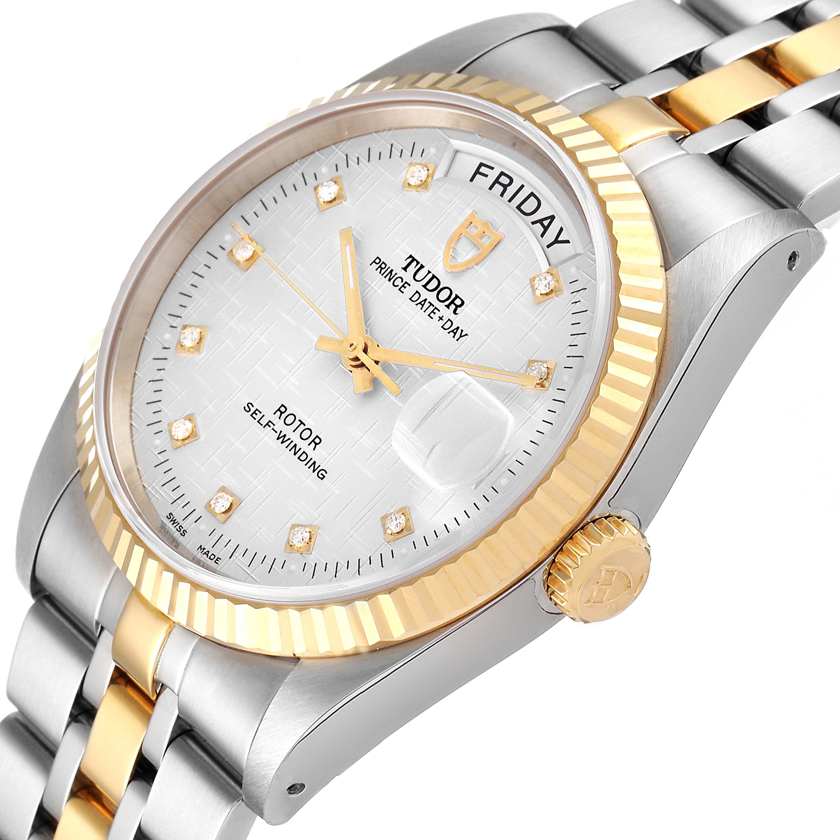 The image shows a close-up of a Tudor Prince 76213 Men
s Steel and Gold (two tone) Silver Dial 76213 Men
s Steel and Gold (two tone) Silver Dial watch, highlighting its dial, bezel, crown, and part of the bracelet.