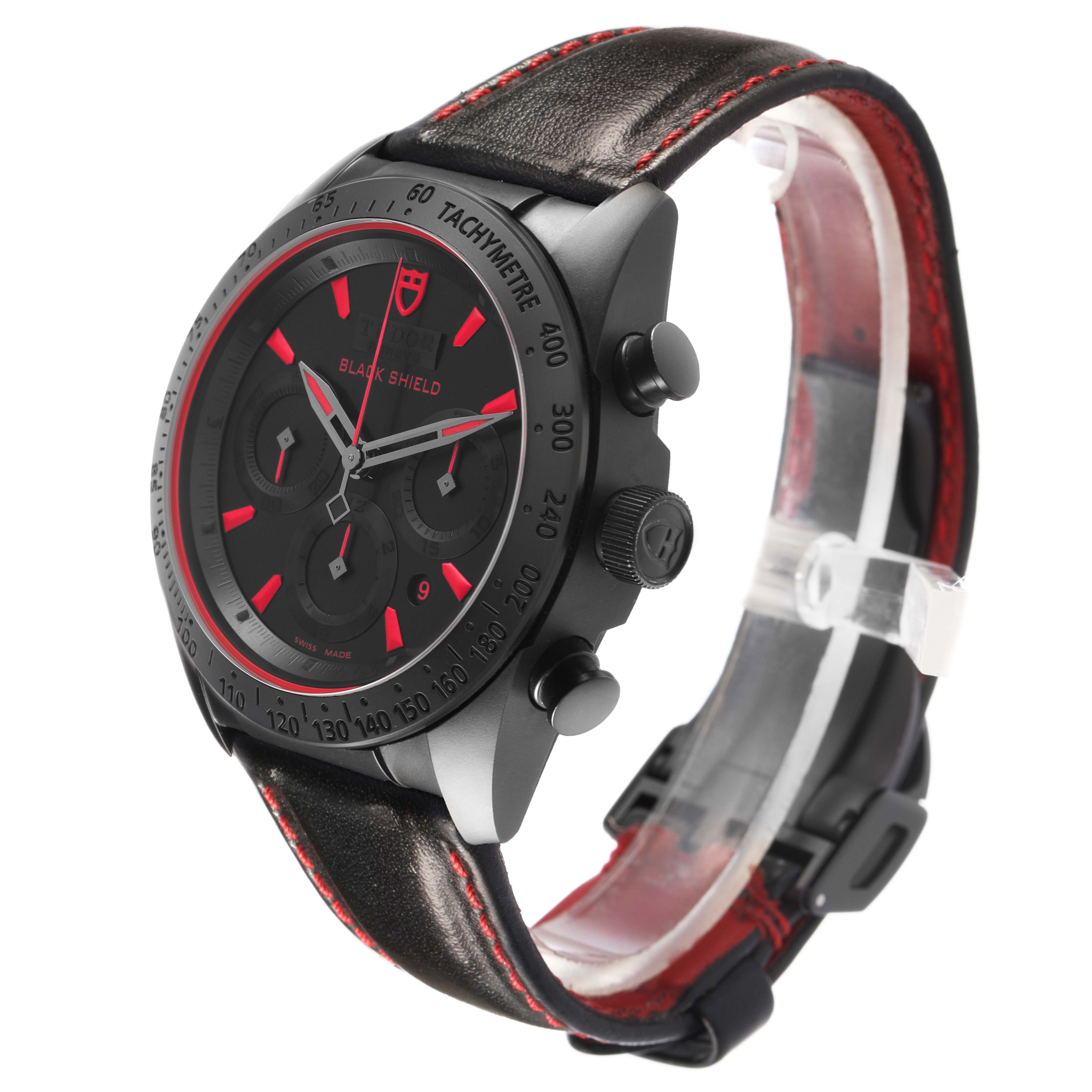 The Tudor Fastrider 42000CR Men's Ceramic Black Dial watch is shown from a three-quarter angle, highlighting the bezel, dial, and side pushers.