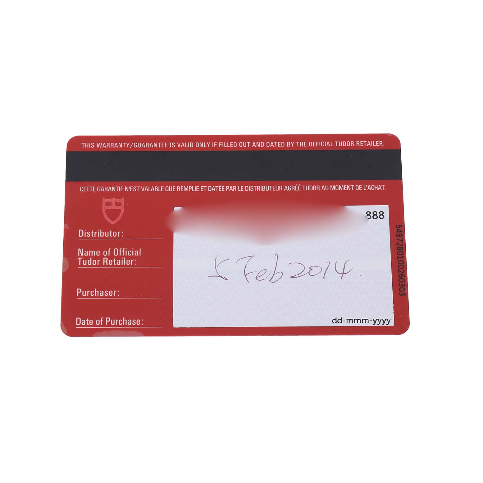 The image shows a warranty card for a Tudor Fastrider 42000CR Men's Ceramic Black Dial watch, viewed from the front.