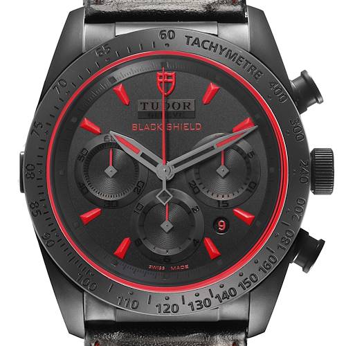 The Tudor Fastrider 42000CR Mens Ceramic Black Dial watch is shown from the front, displaying its dial, bezel, and chronograph subdials.