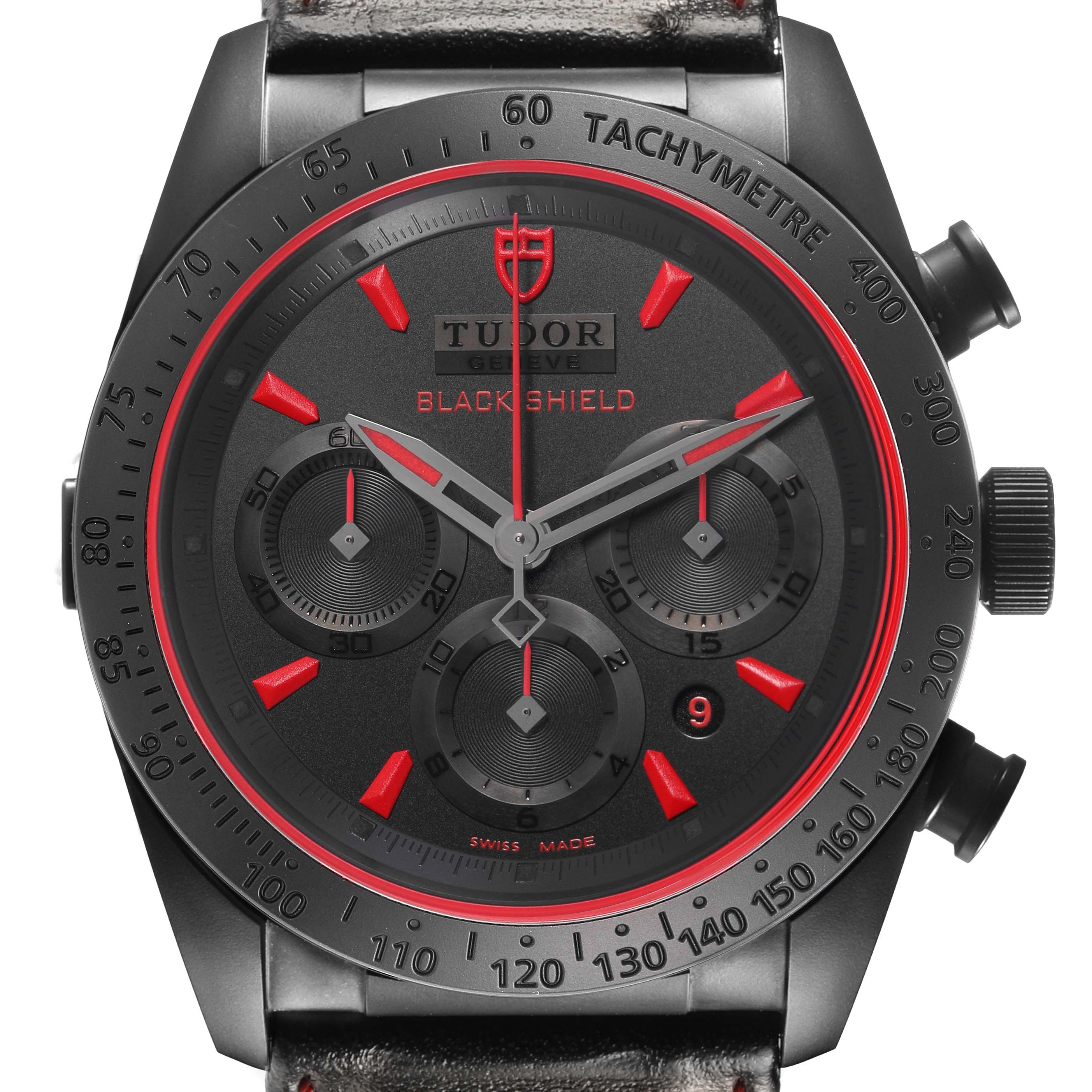 The Tudor Fastrider 42000CR Men's Ceramic Black Dial watch is shown from the front, displaying its tachymeter bezel, subdials, and red accents.