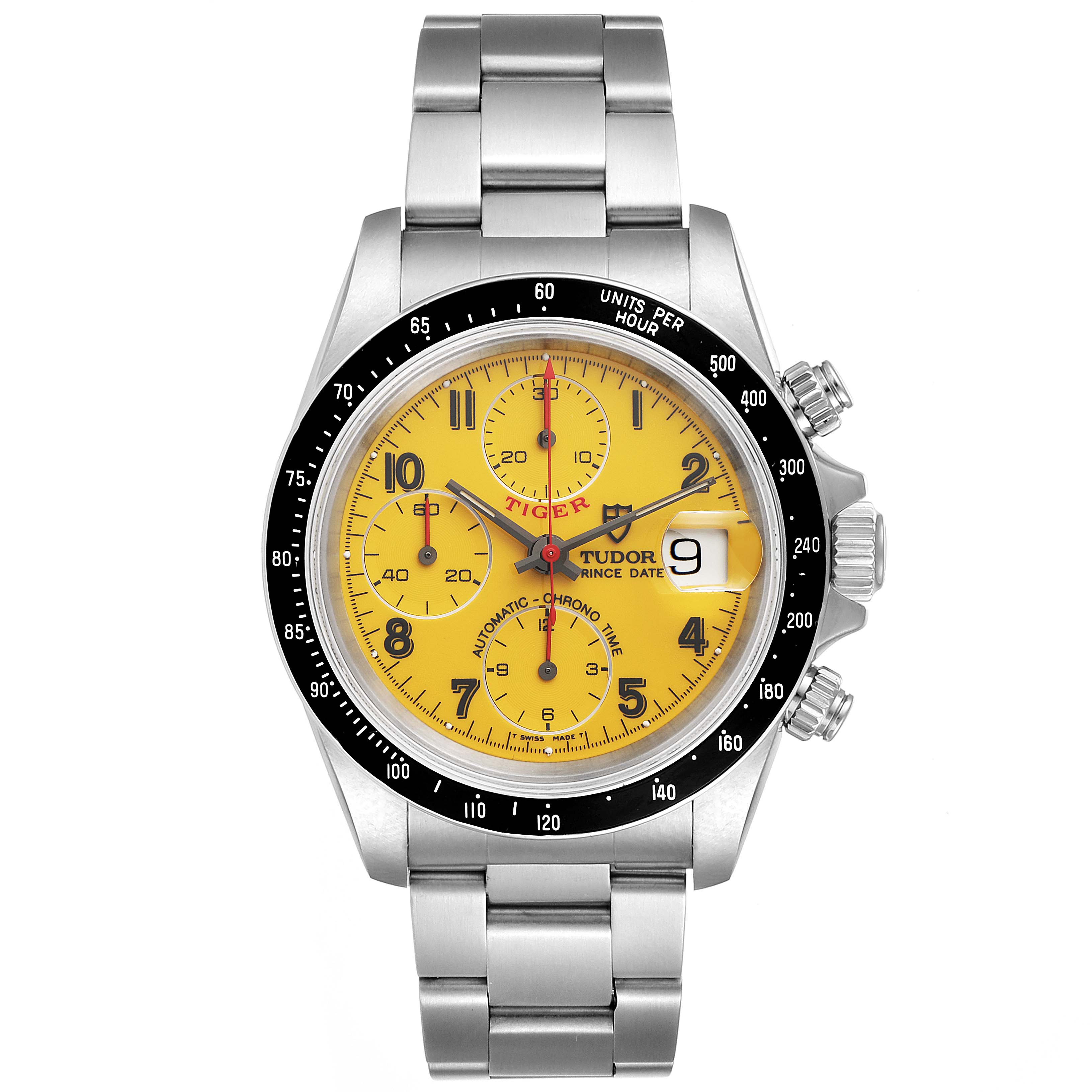 This image shows a front view of the Tudor Tiger 79260 Men's Stainless Steel Yellow Dial 79260 Men's Stainless Steel Yellow Dial model watch, highlighting its yellow dial, chronograph subdials, and stainless steel bracelet.