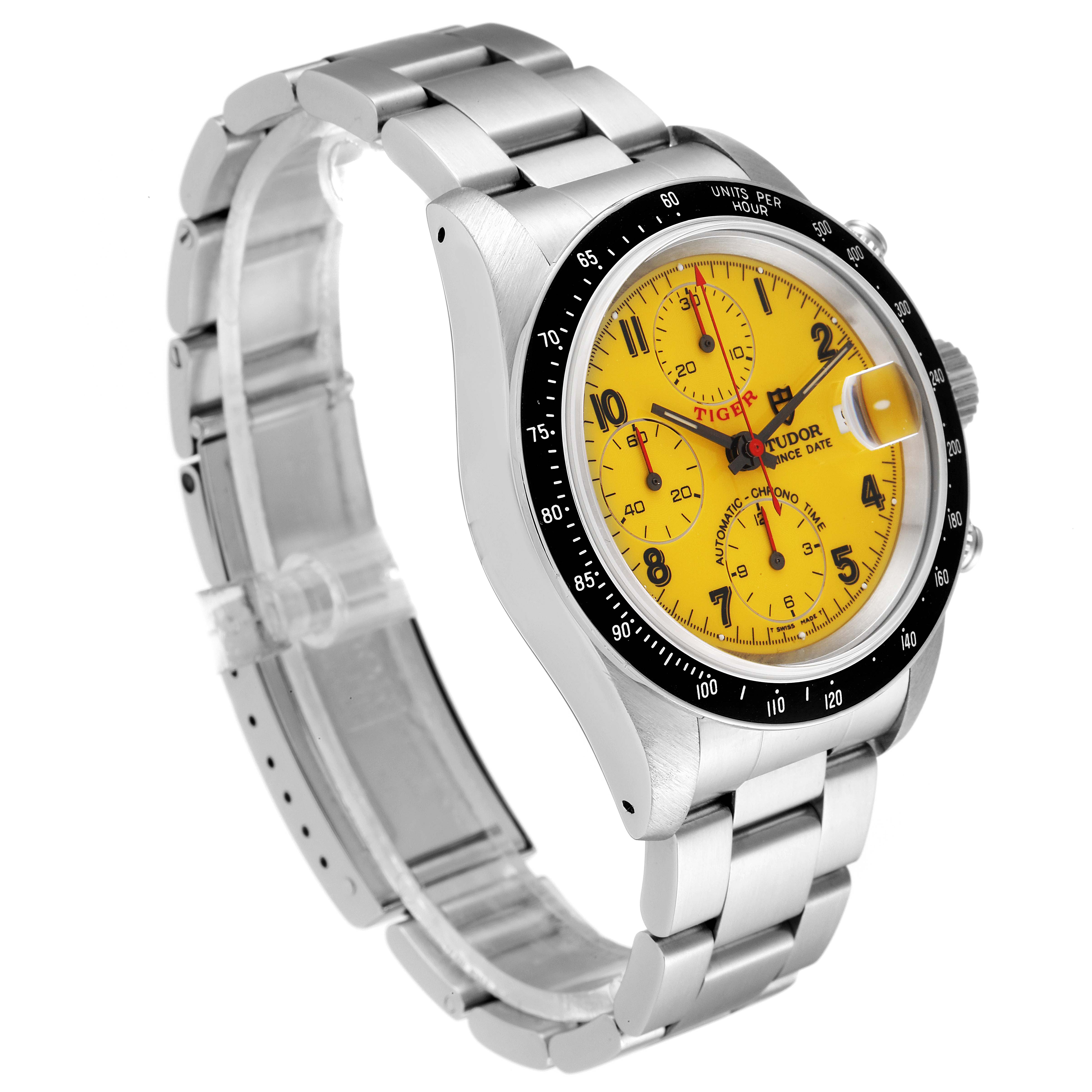 The image shows a Tudor Tiger 79260 Men's Stainless Steel Yellow Dial 79260 Men's Stainless Steel Yellow Dial model watch at a slight side angle, displaying its yellow dial, bezel, and metal bracelet.