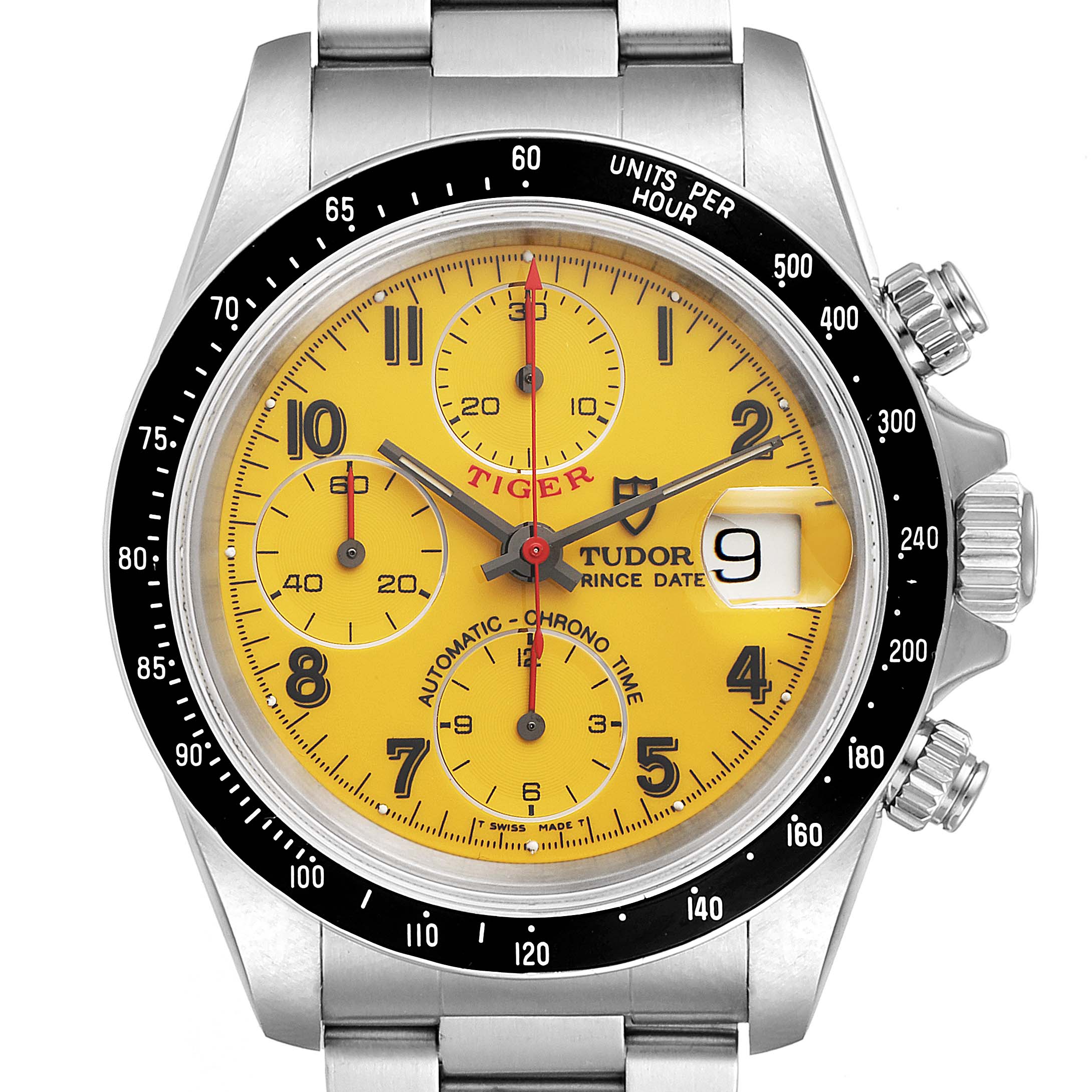 The image shows a front view of the Tudor Tiger 79260 Men's Stainless Steel Yellow Dial 79260 Men's Stainless Steel Yellow Dial model watch, highlighting its yellow dial, chronograph subdials, and date window.