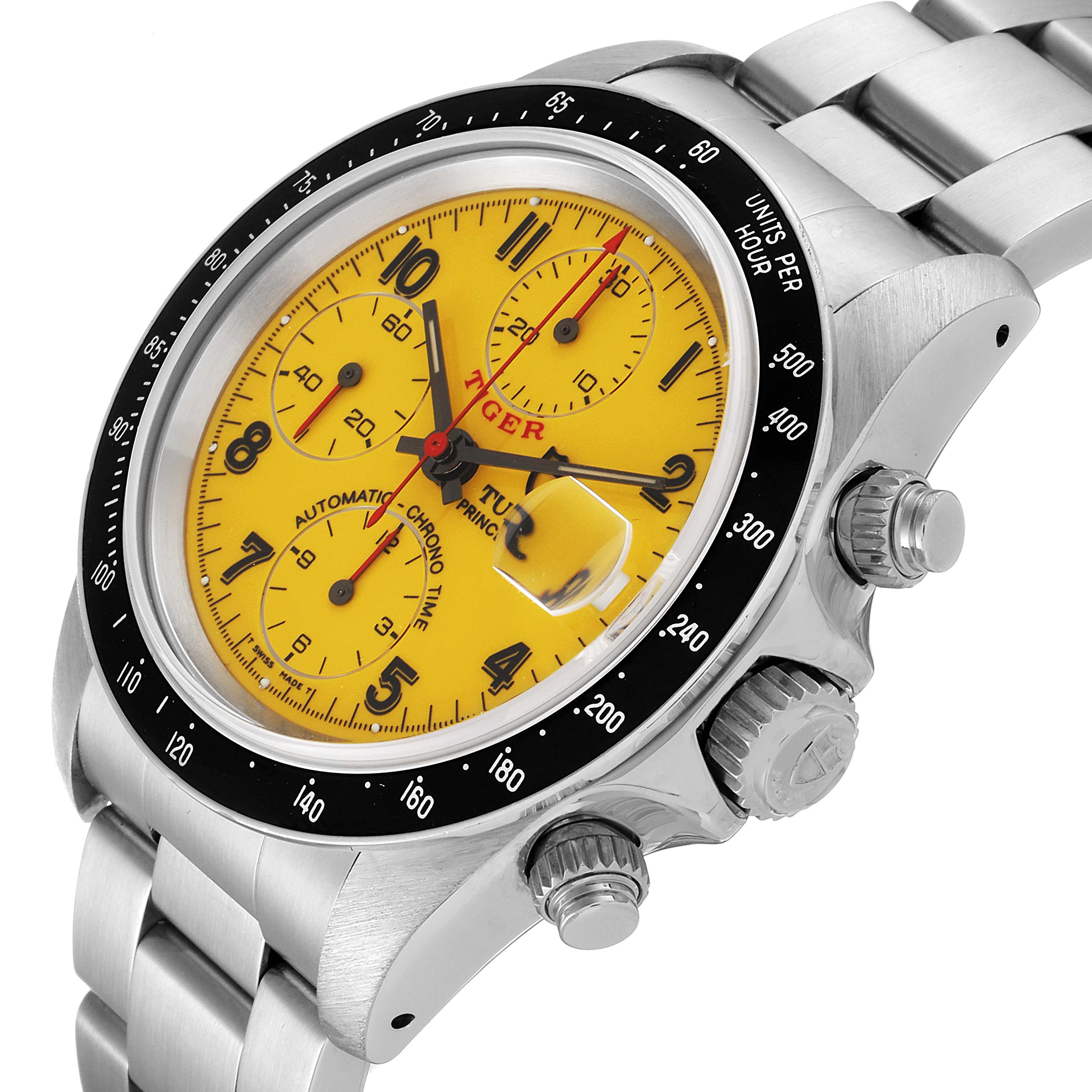 The image shows a close-up angle of a Tudor Tiger 79260 Men's Stainless Steel Yellow Dial 79260 Men's Stainless Steel Yellow Dial model watch, highlighting the yellow dial, bezel, crown, and pushers.