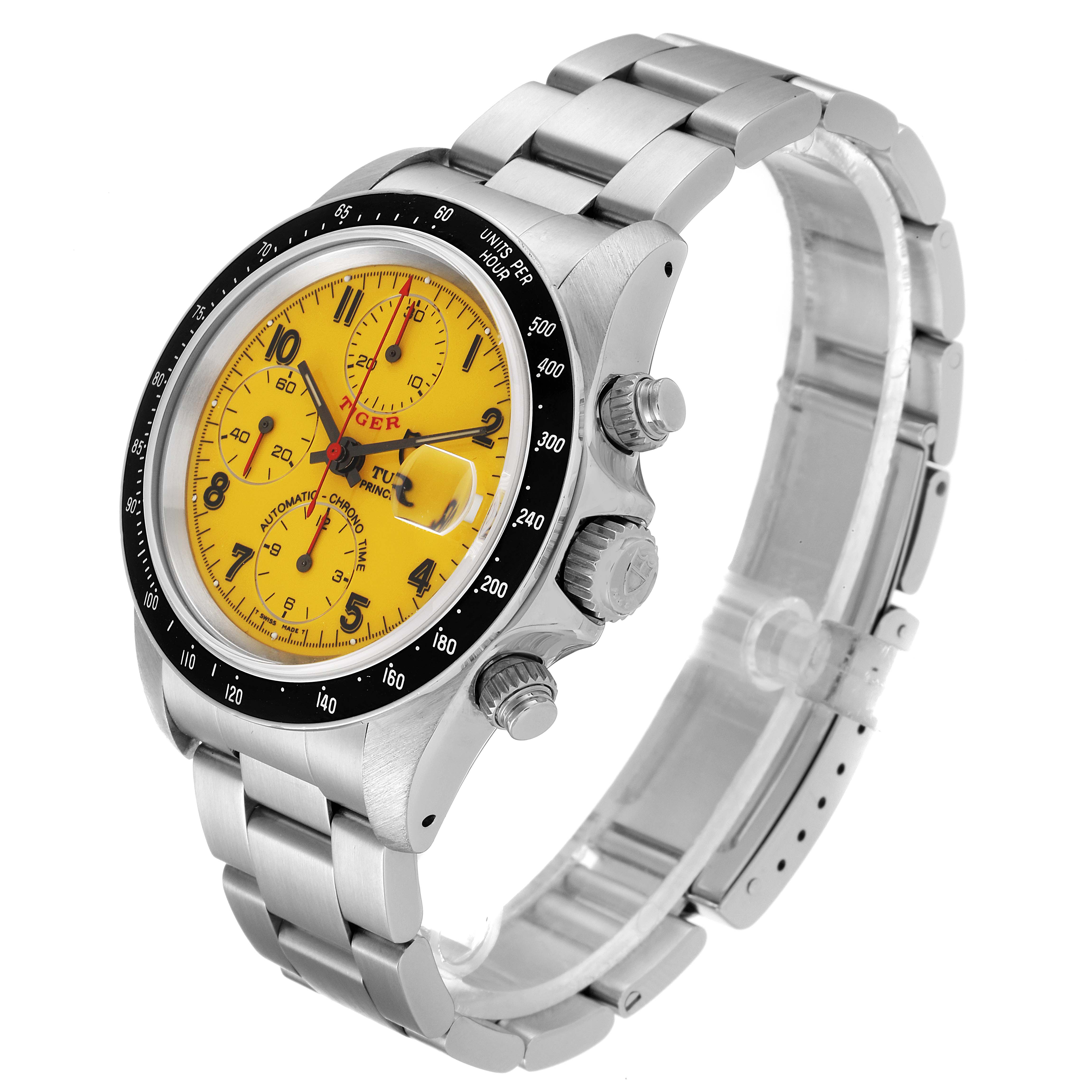 The Tudor Tiger 79260 Men's Stainless Steel Yellow Dial 79260 Men's Stainless Steel Yellow Dial model watch is shown at a slight angle, highlighting its yellow dial, metal bracelet, and side pushers.
