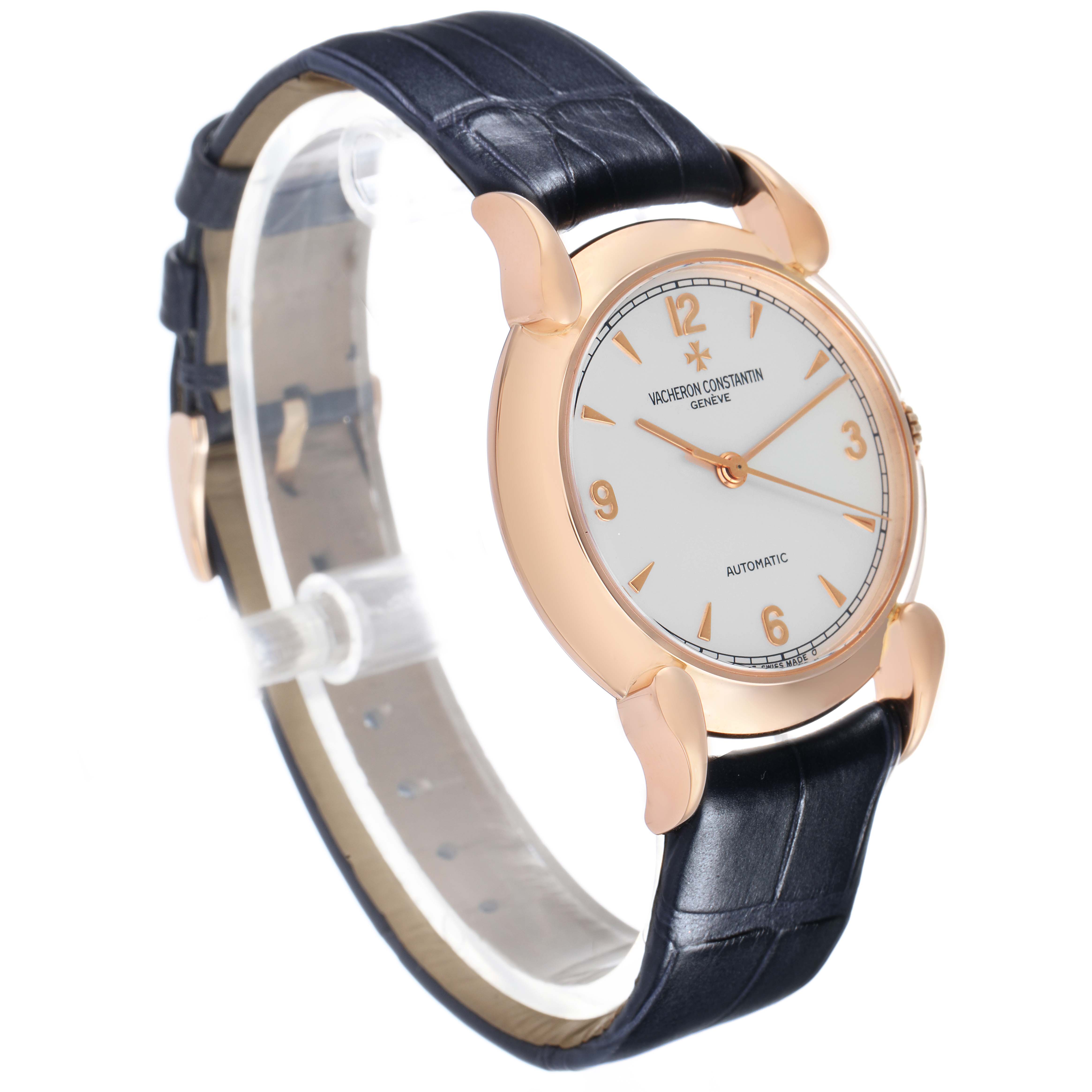 The Vacheron Constantin Historiques 48001R Men's Rose Gold White Dial watch is shown at a three-quarter angle, highlighting its face, case, and leather strap.