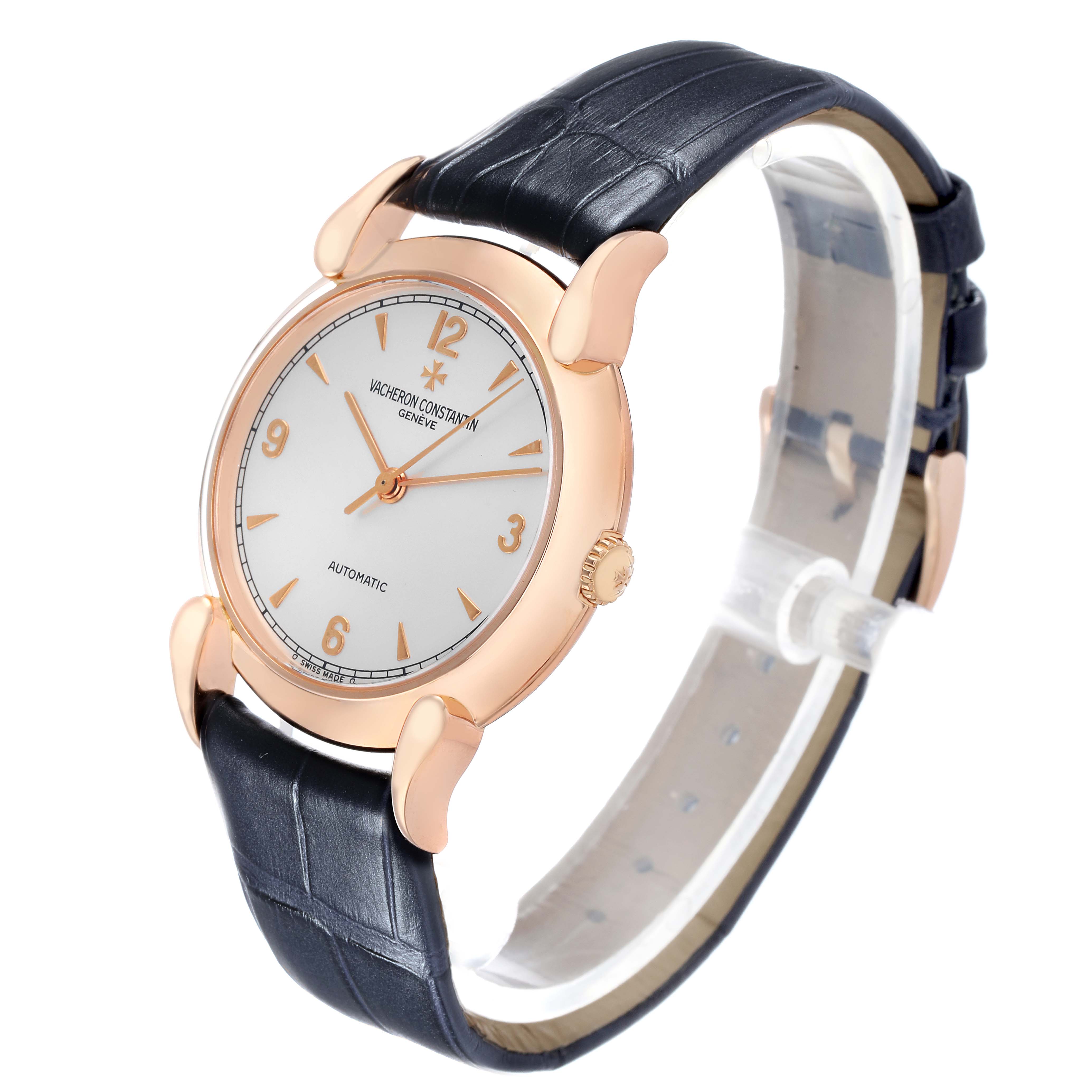 The Vacheron Constantin Historiques 48001R Men's Rose Gold White Dial watch is shown at a three-quarter angle, displaying the dial, case, crown, and strap.