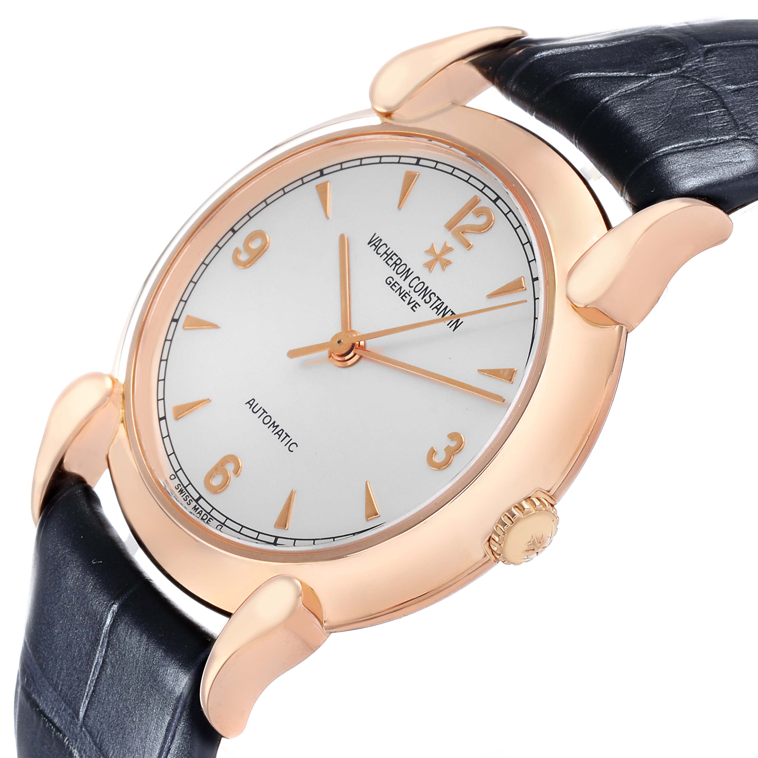 The Vacheron Constantin Historiques 48001R Men's Rose Gold White Dial watch is shown at a slight angle, displaying the dial, hands, crown, and lugs clearly.