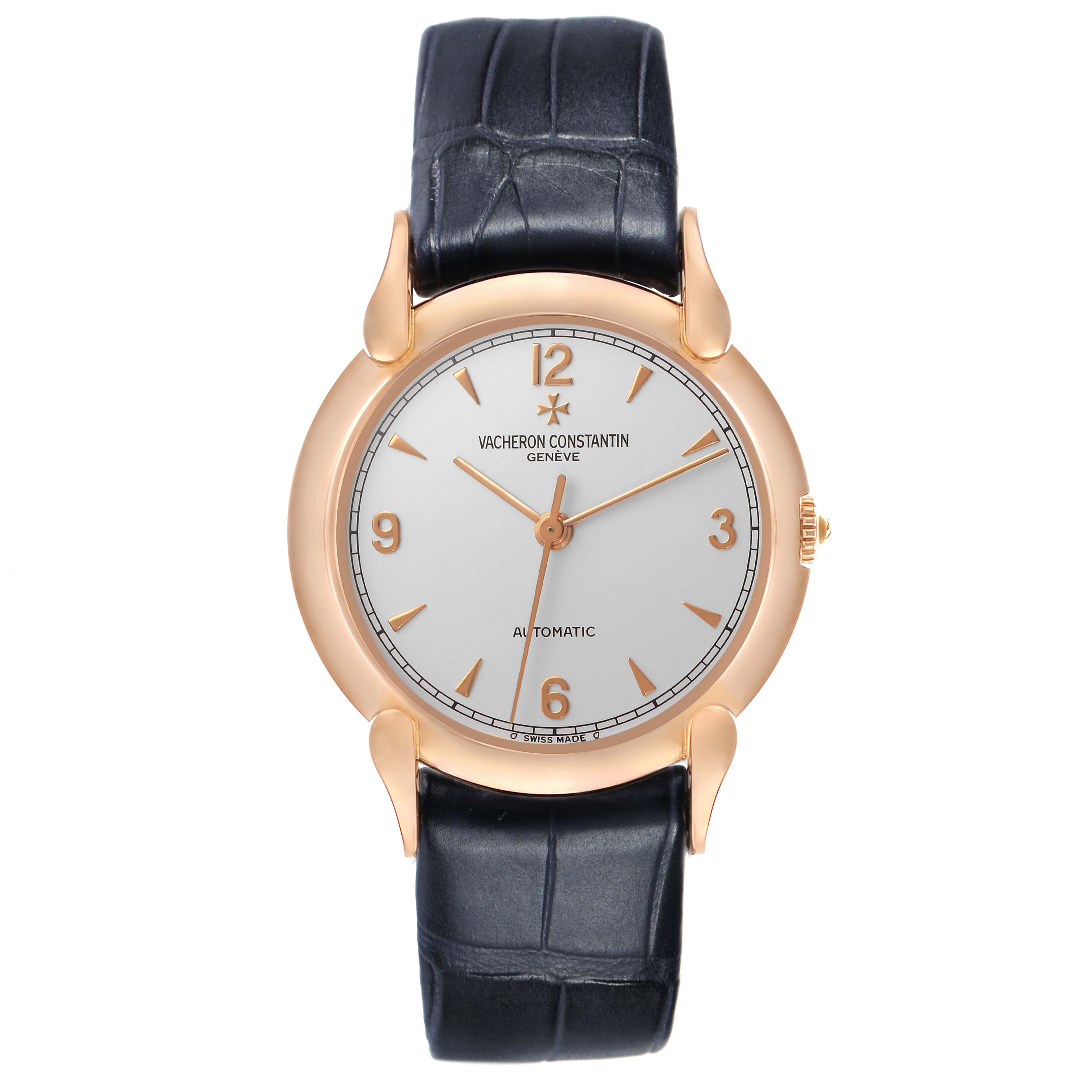 The Vacheron Constantin Historiques 48001R Men's Rose Gold White Dial watch is shown from a direct front angle, highlighting the case, dial, hands, and strap.